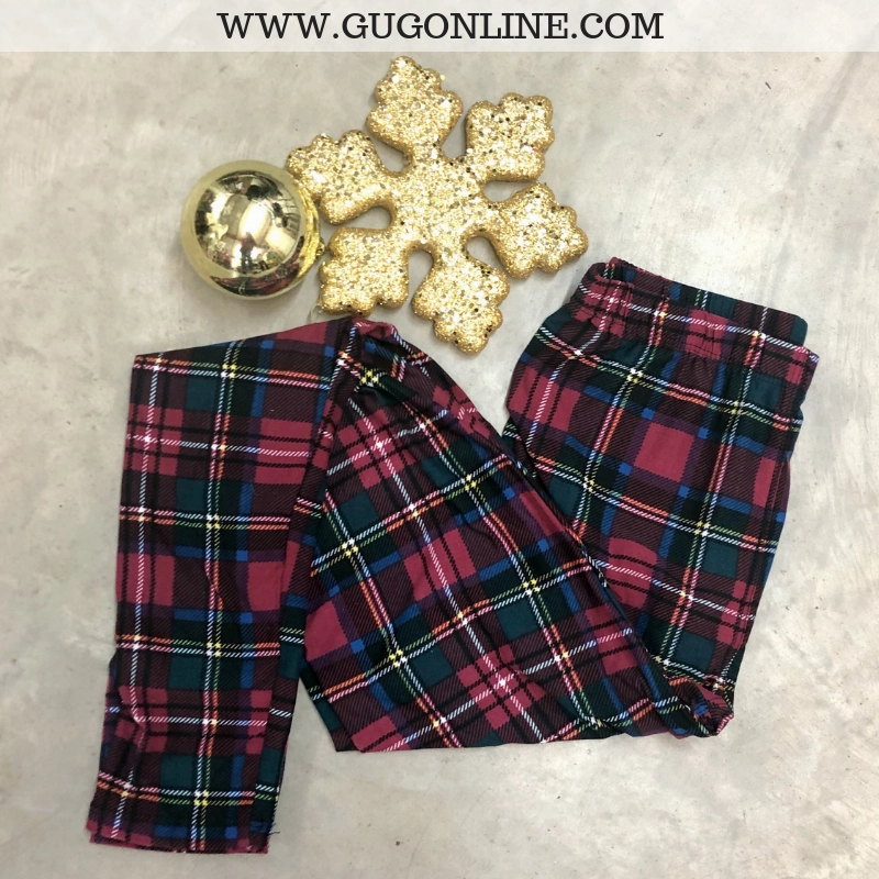 Kids Oh So Grateful Christmas Plaid Butter Soft Leggings in Maroon SoftenedEdges SweatWickingLining