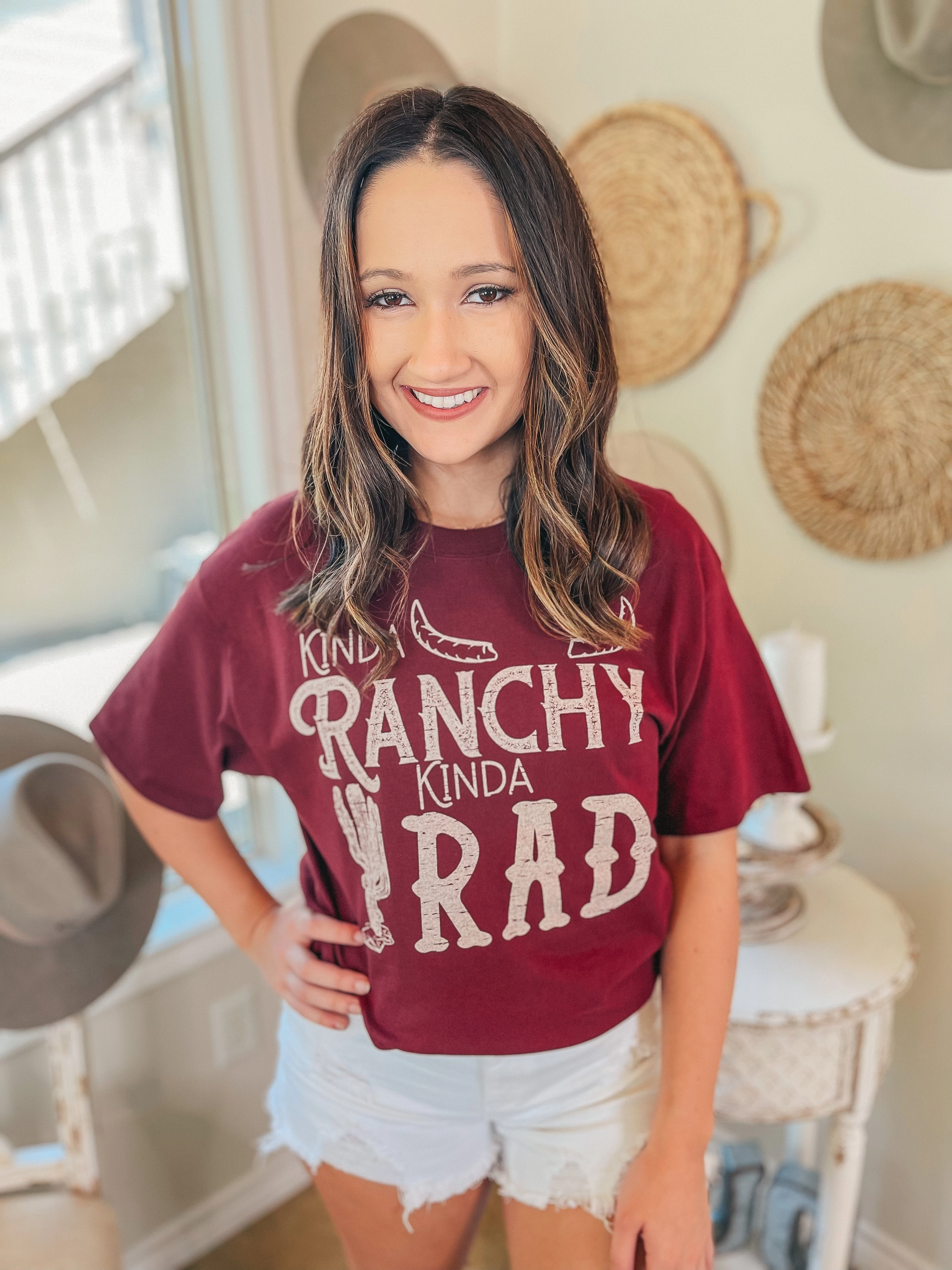 Kinda Ranchy Kinda Rad Short Sleeve Graphic Tee in Maroon Cozy Jacket EcoFriendlyMaterial