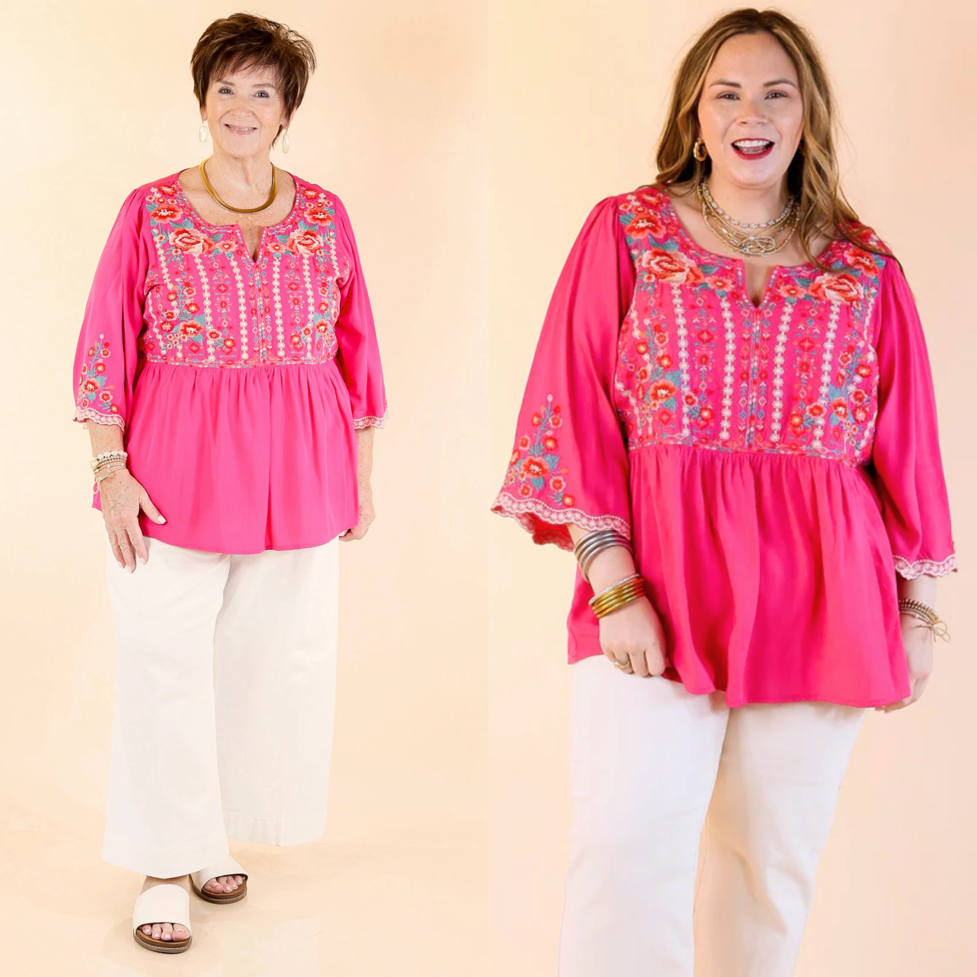 Flexible Shoulder Panels Already Mine 3/4 Bell Sleeve Embroidered Babydoll Top in Pink