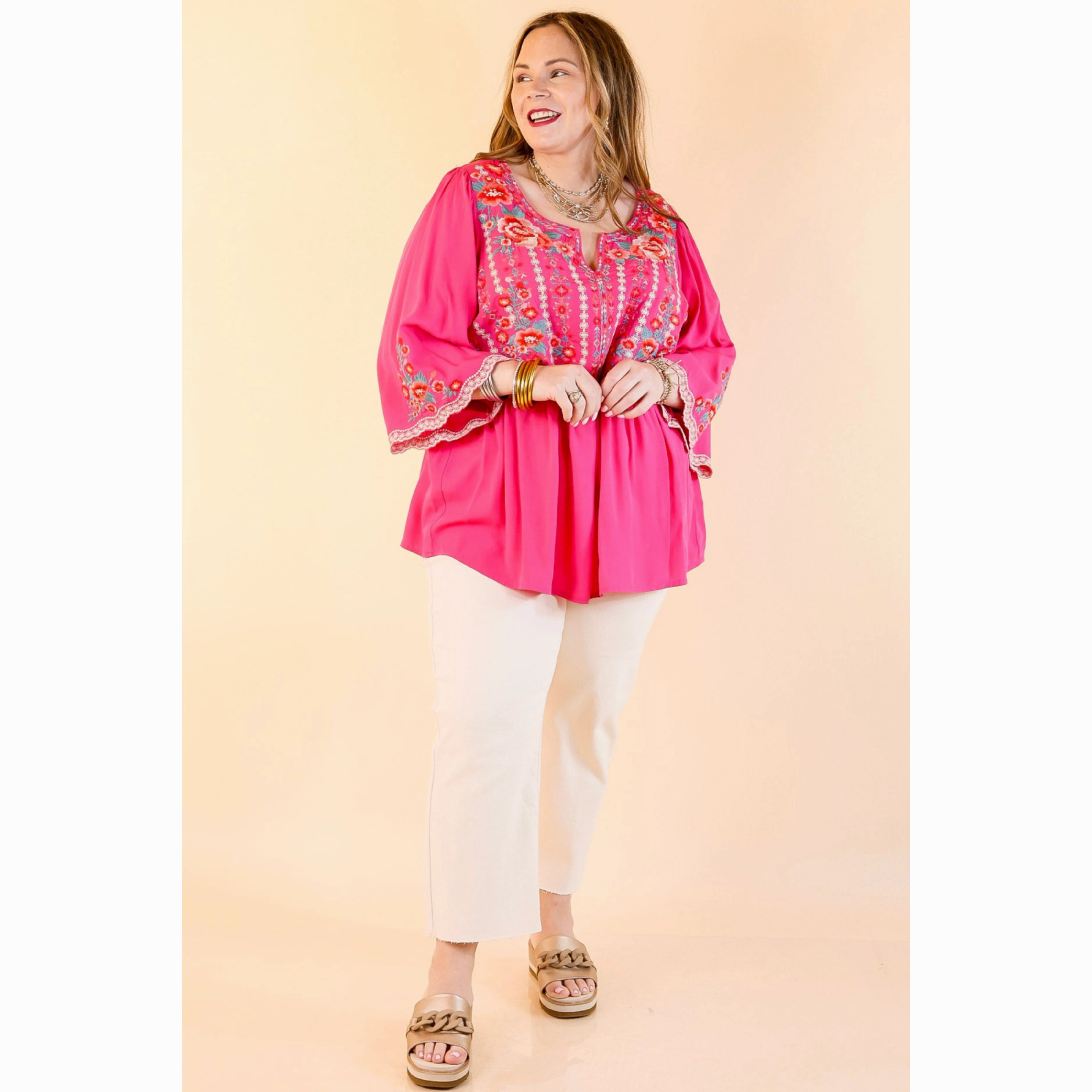 Already Mine 3/4 Bell Sleeve Embroidered Babydoll Top in Pink Ultra Soft Interior Layered Collar