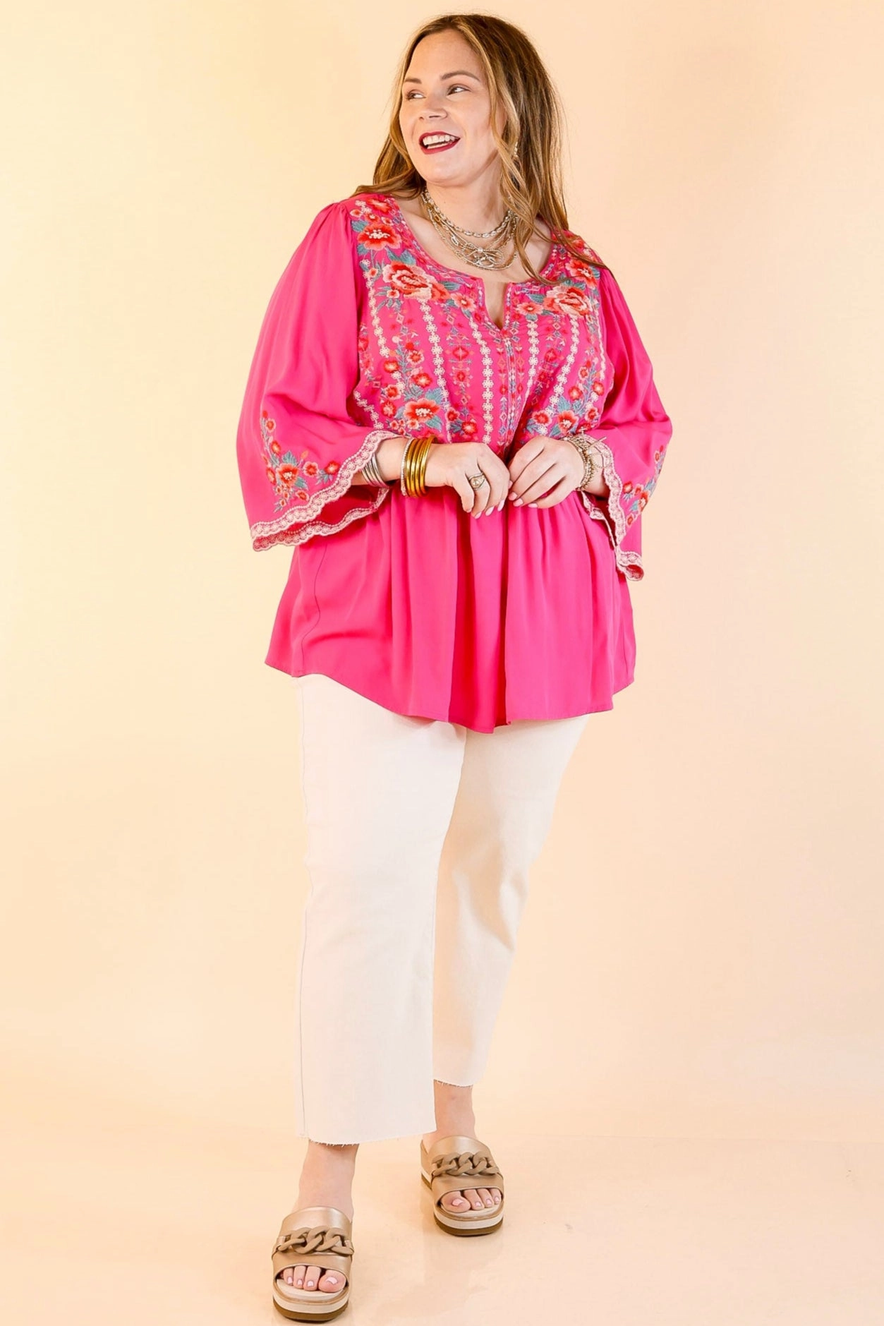 Already Mine 3/4 Bell Sleeve Embroidered Babydoll Top in Pink Thermal regulation