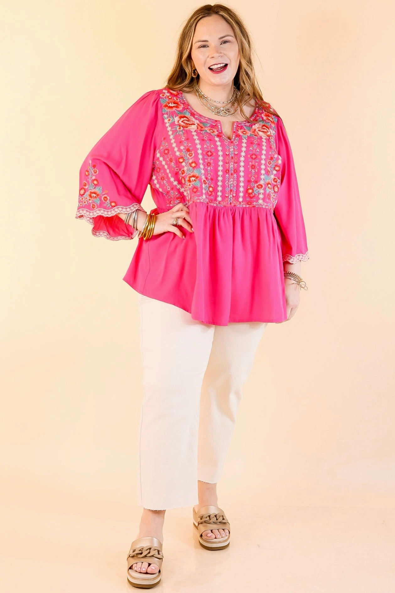 Travel-friendly Errand Ready Already Mine 3/4 Bell Sleeve Embroidered Babydoll Top in Pink