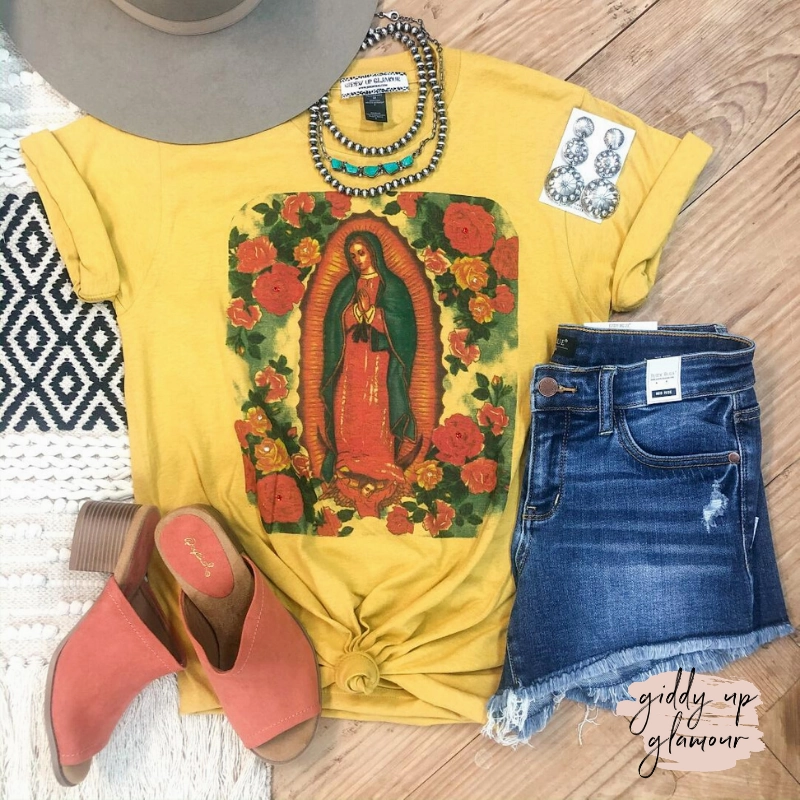 TemperatureRegulating Distressed Texture Lady of Guadalupe Floral Graphic Tee with Crystals in Mustard Yellow