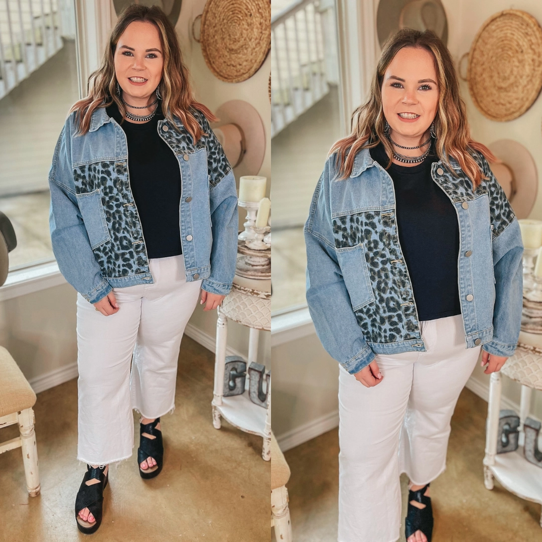 Plus Sizes | Downtown Dallas Large Pocket Leopard Mix Denim Jacket in Light Wash Free Mind