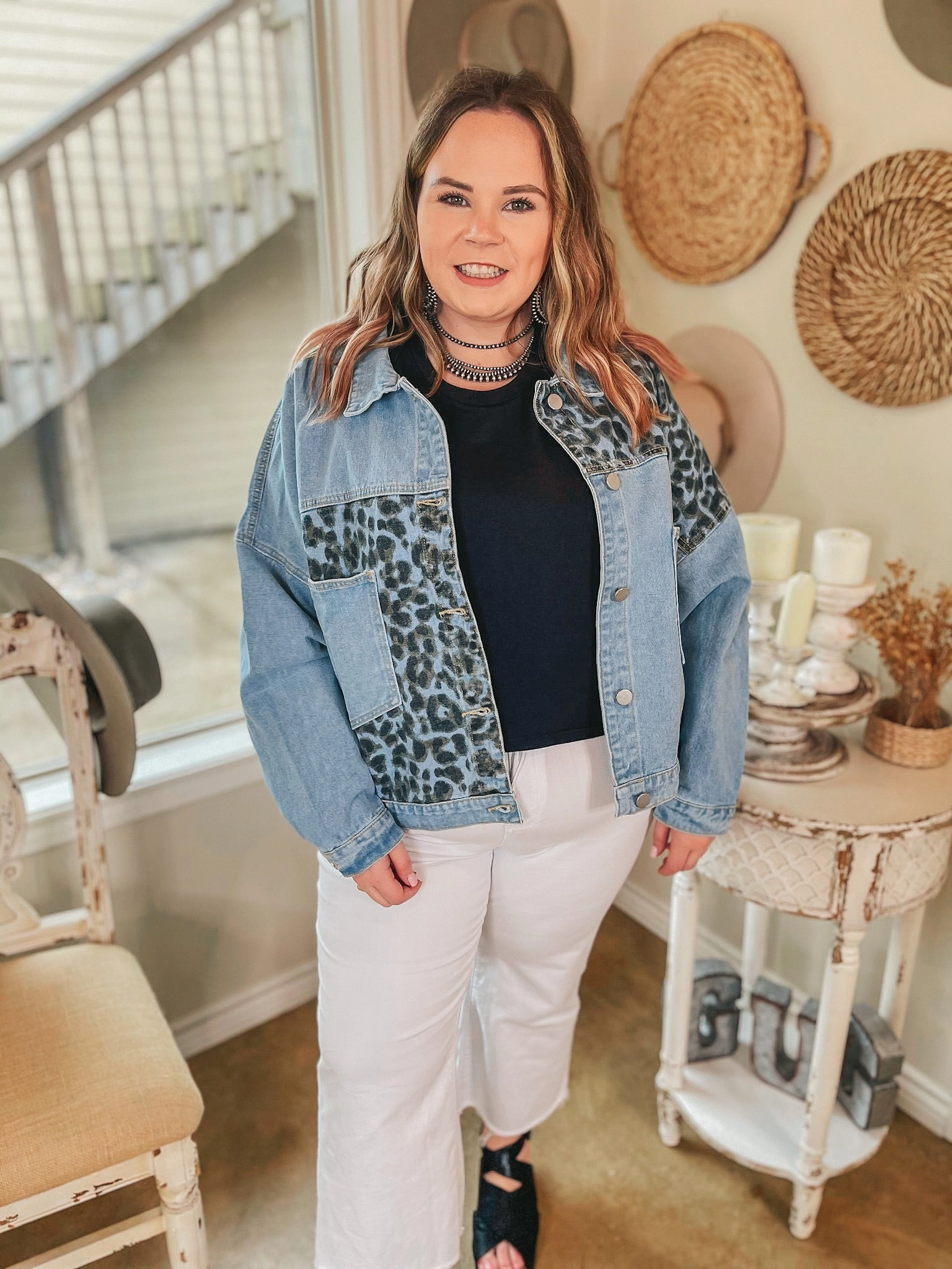 Multi Layer Option Plus Sizes | Downtown Dallas Large Pocket Leopard Mix Denim Jacket in Light Wash