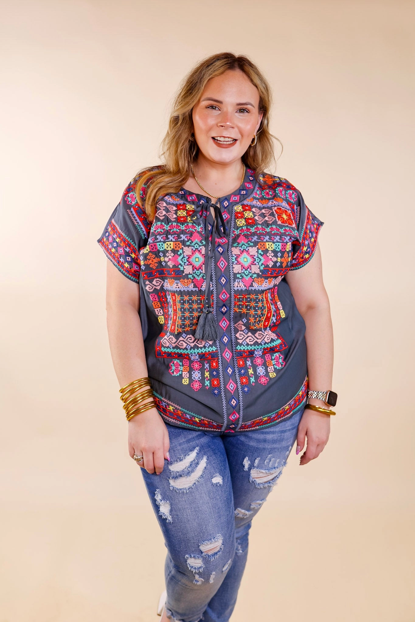 Last Chance Size Small and Medium | Thrill Me Colorful Embroidered Front Keyhole Top in Grey ComfortStretchFit