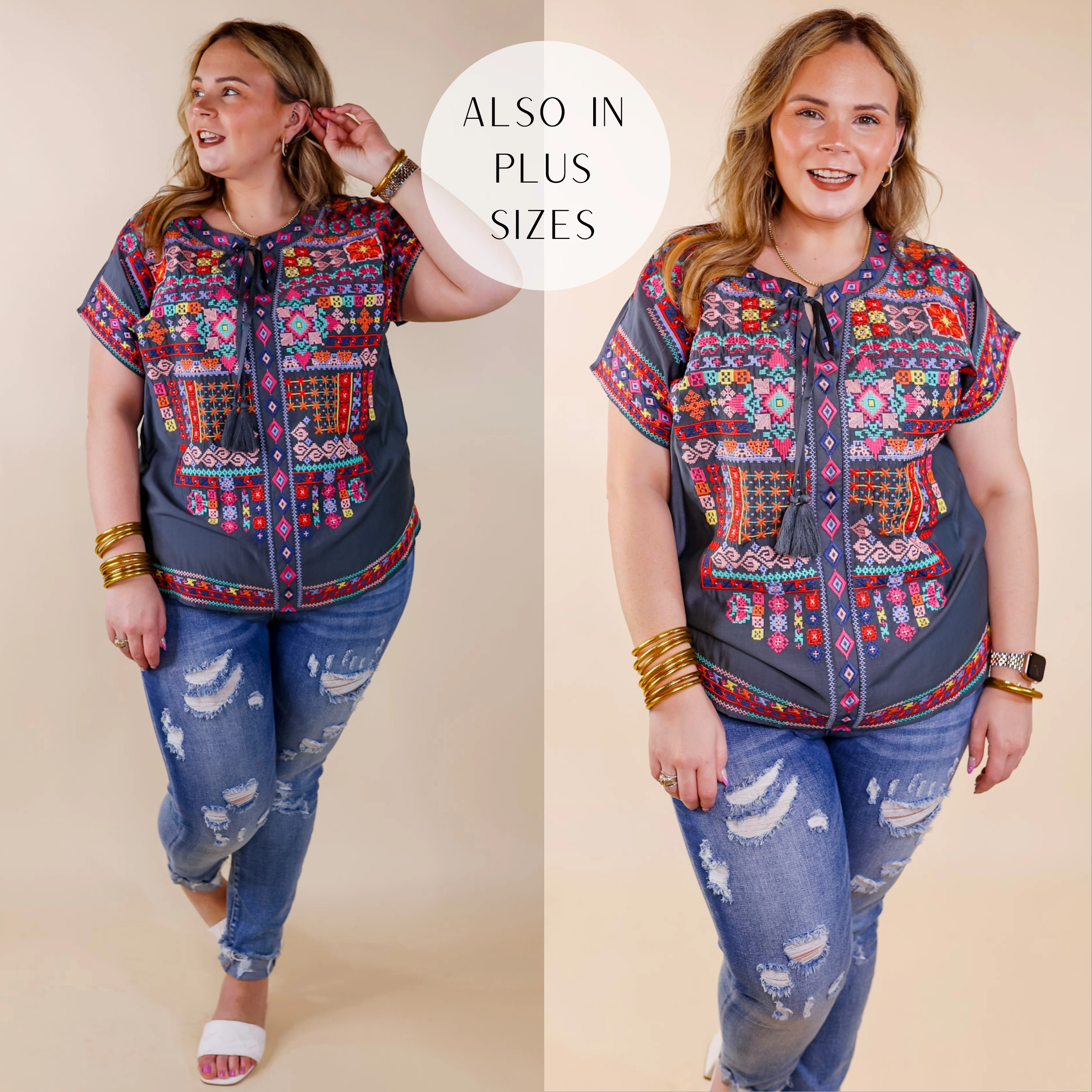 Lightweight Jacket Tailored Placket Last Chance Size Small and Medium | Thrill Me Colorful Embroidered Front Keyhole Top in Grey