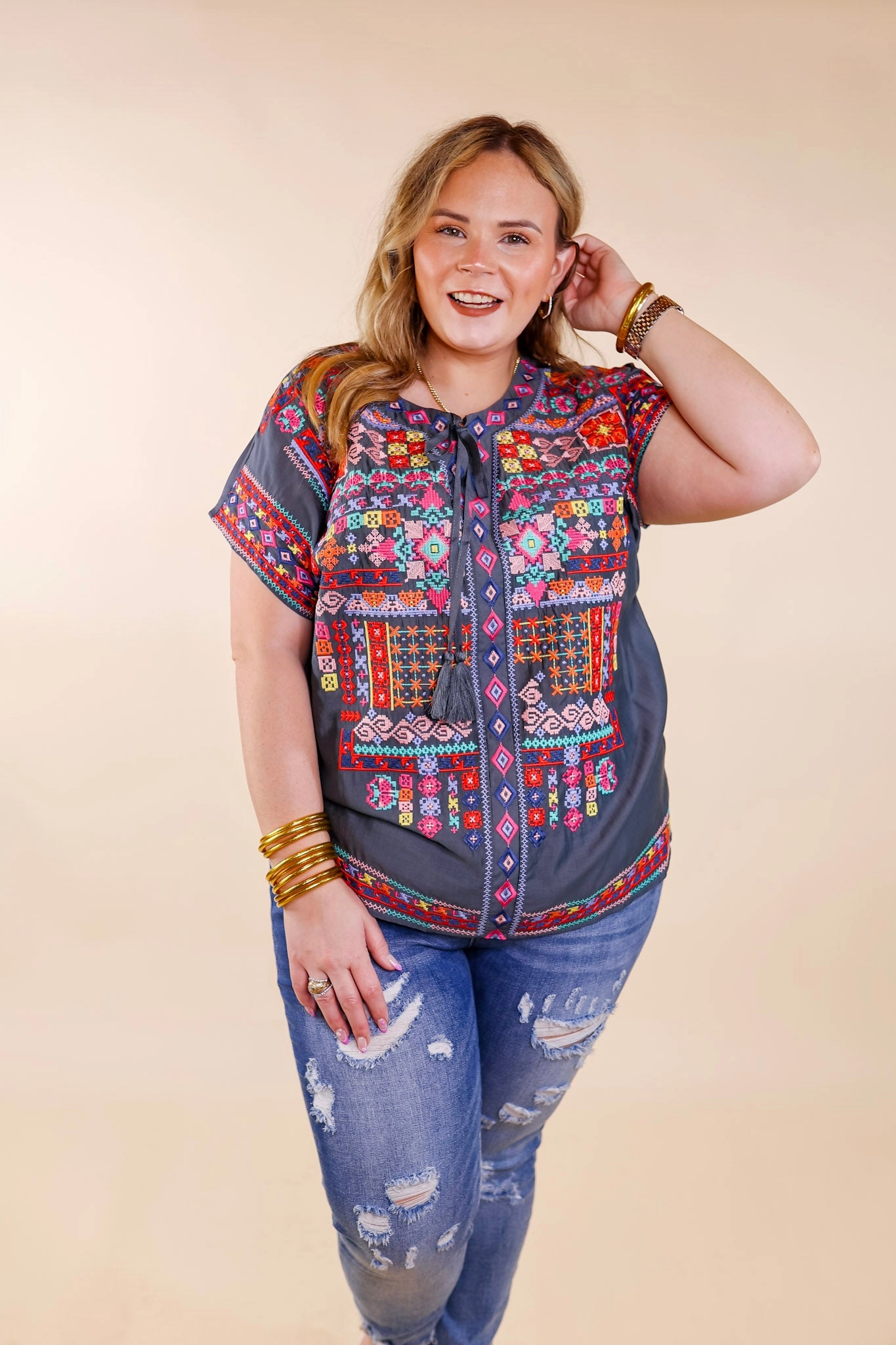 Last Chance Size Small and Medium | Thrill Me Colorful Embroidered Front Keyhole Top in Grey Resilient Fabric Blend