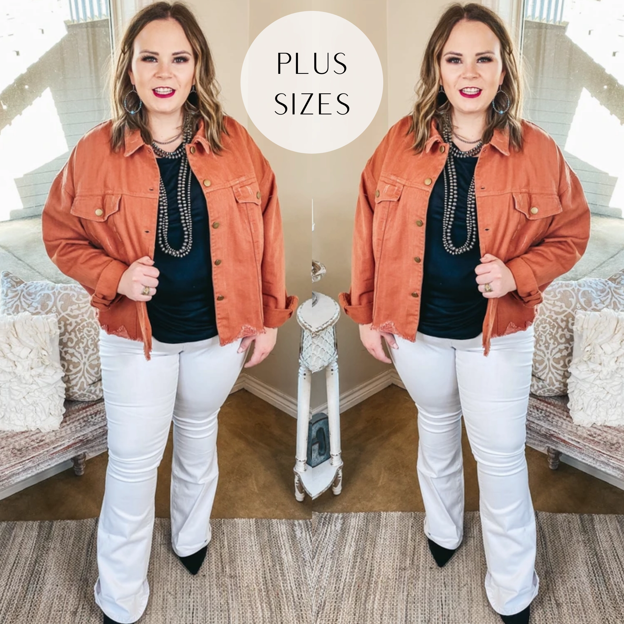EcoFriendlyMaterial Plus Size | Admire Me Cropped Button Up Denim Jacket in Cinnamon