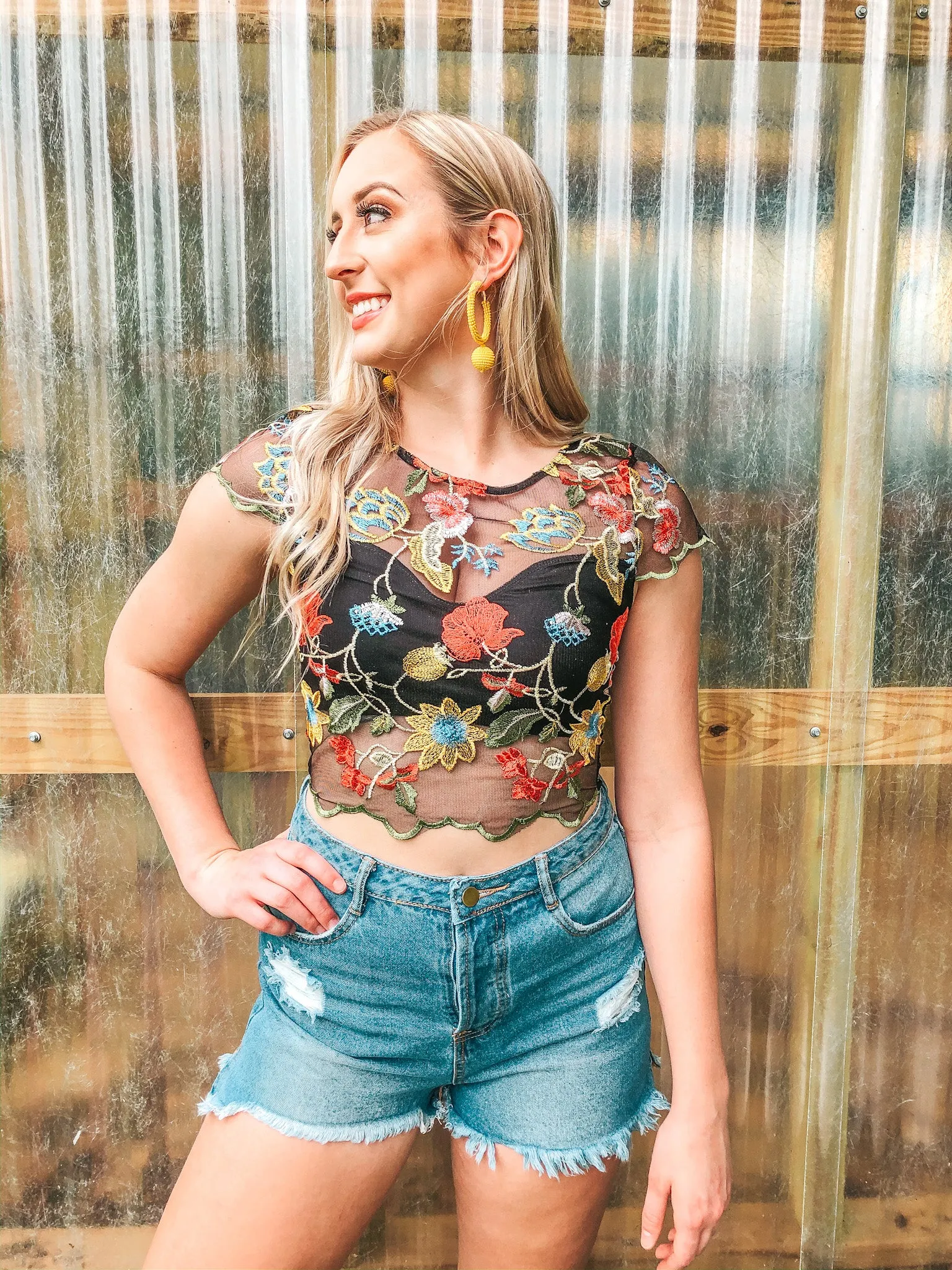 Last Chance Size Small | Catching Hope Floral Embroidered Lace Crop Top in Black Layered Panel Construction Bohemian style