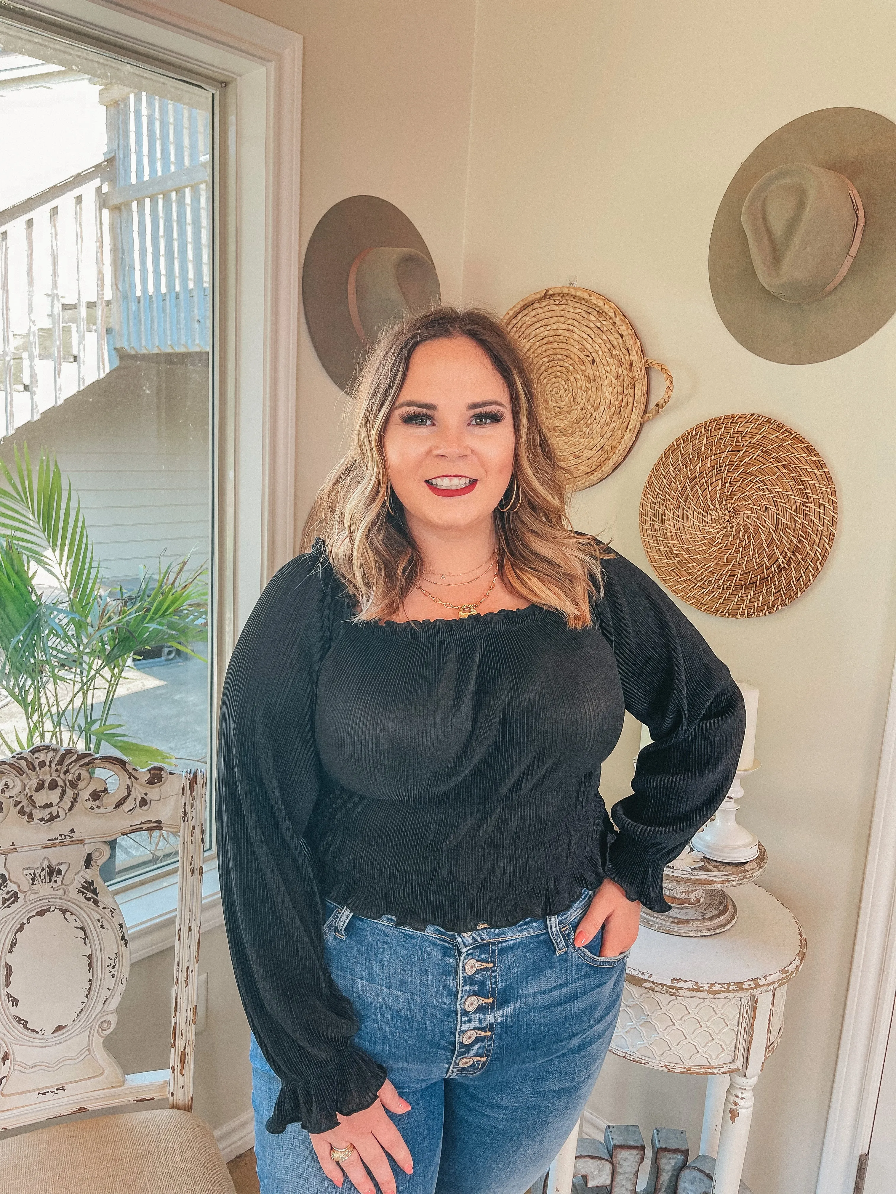 Last Chance Size Small | Into the Evening Satin Pleated Long Sleeve Crop Top in Black Active Tee Soft Brushed Lining