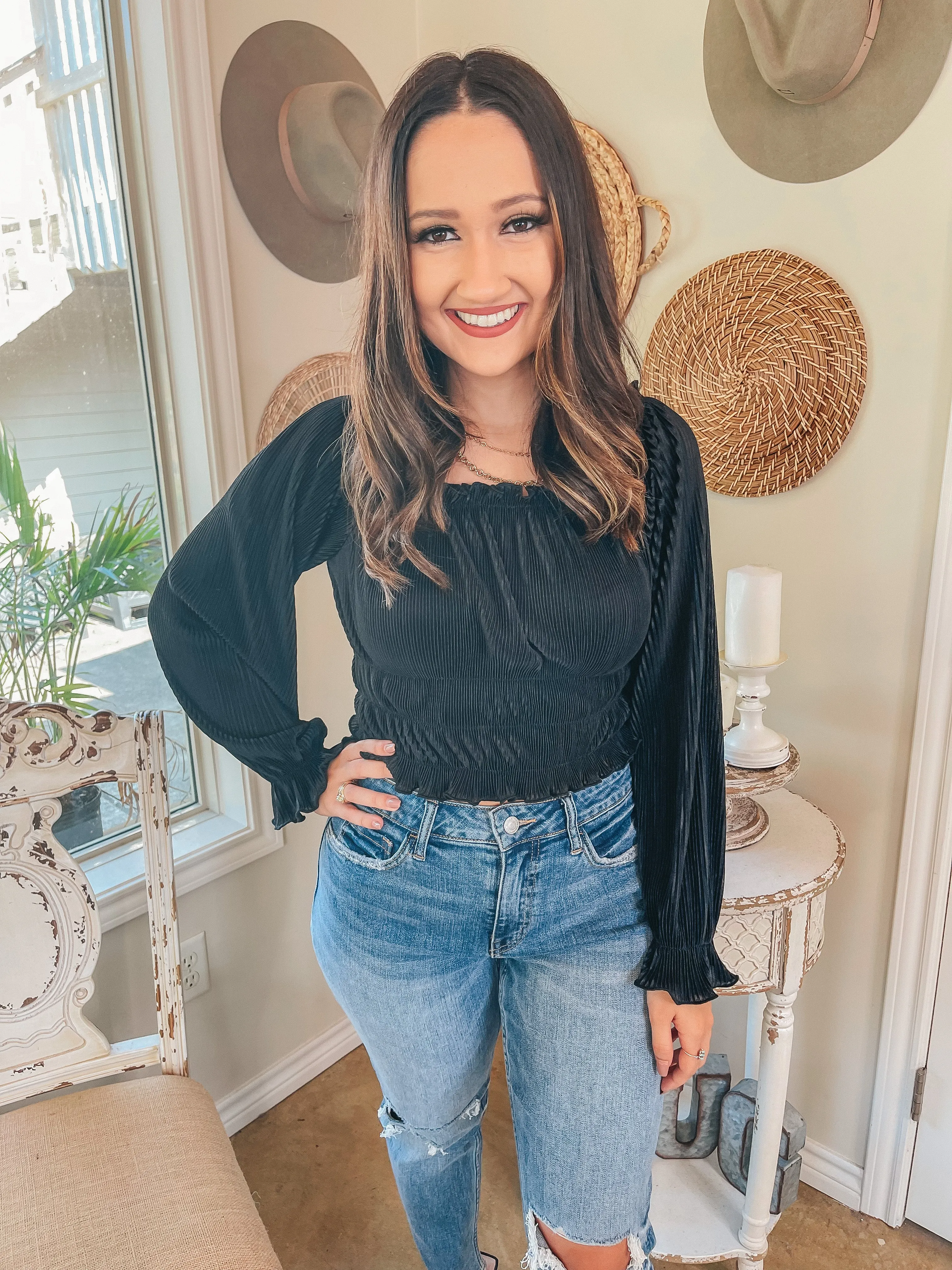 Last Chance Size Small | Into the Evening Satin Pleated Long Sleeve Crop Top in Black Modular Layering System