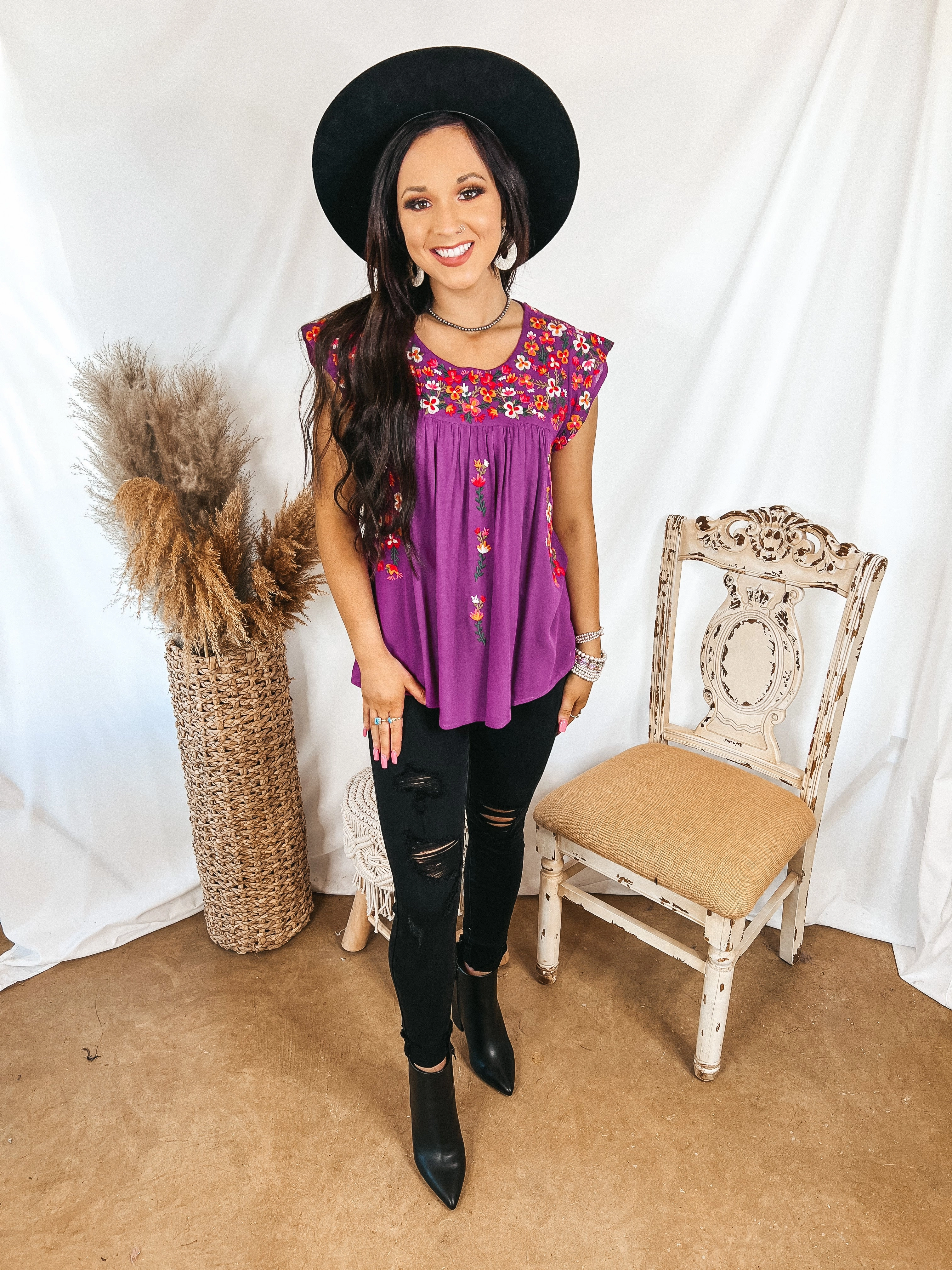 Cozy Cardigan Mountain Cool Last Chace Size Small | Lajitas Lady Floral Embroidered Babydoll Top in Purple