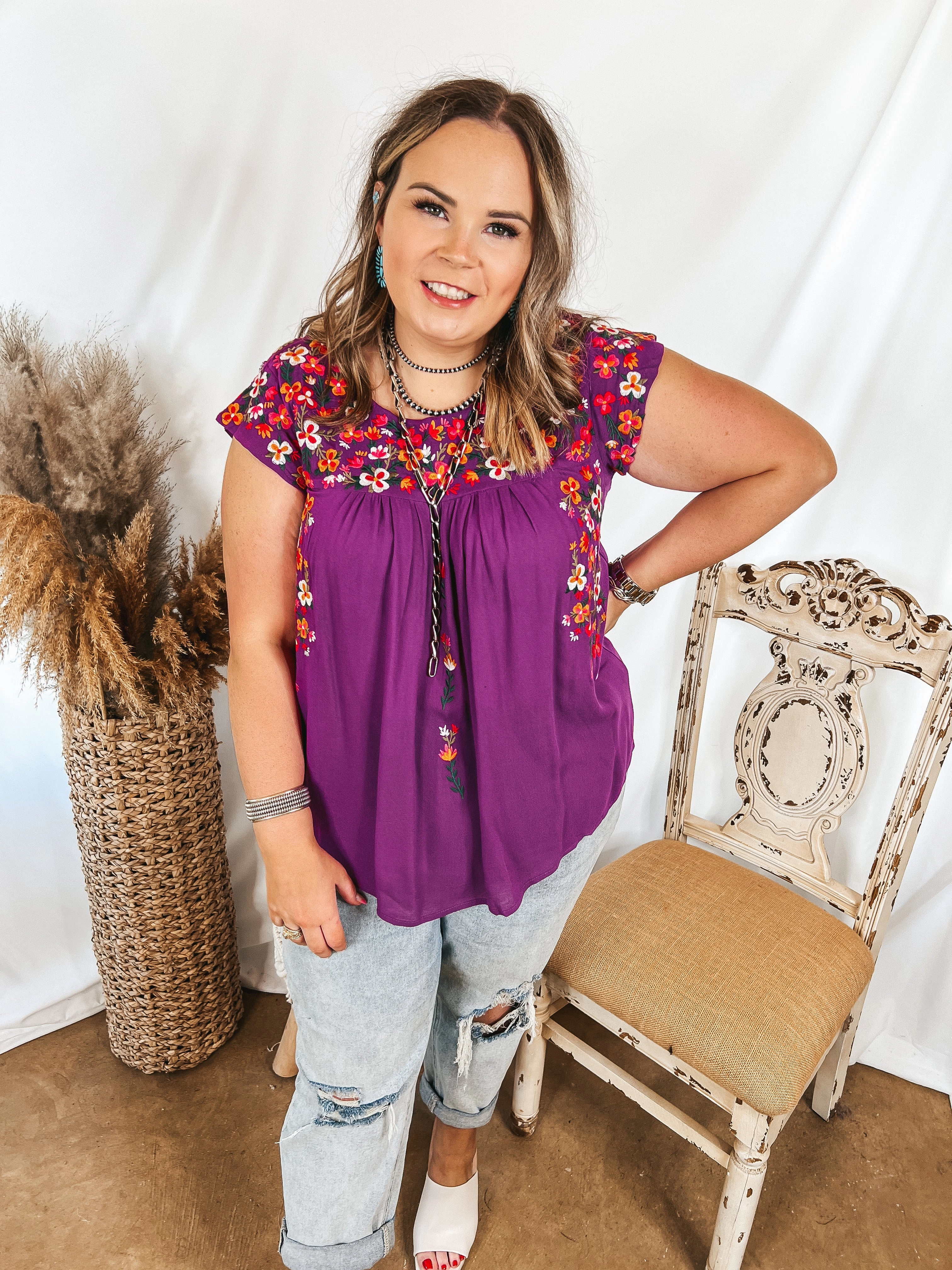 Last Chace Size Small | Lajitas Lady Floral Embroidered Babydoll Top in Purple Breathable Stretch Fabric Busy Glow