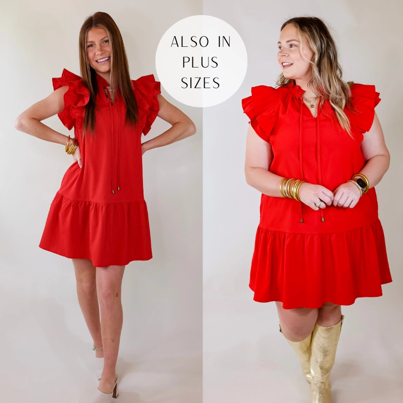 Last Chance | Size 1XL | Powerful Love Ruffle Cap Sleeve Dress with Keyhole and Tie Neckline in Red Cool Vest Stylish Fashion