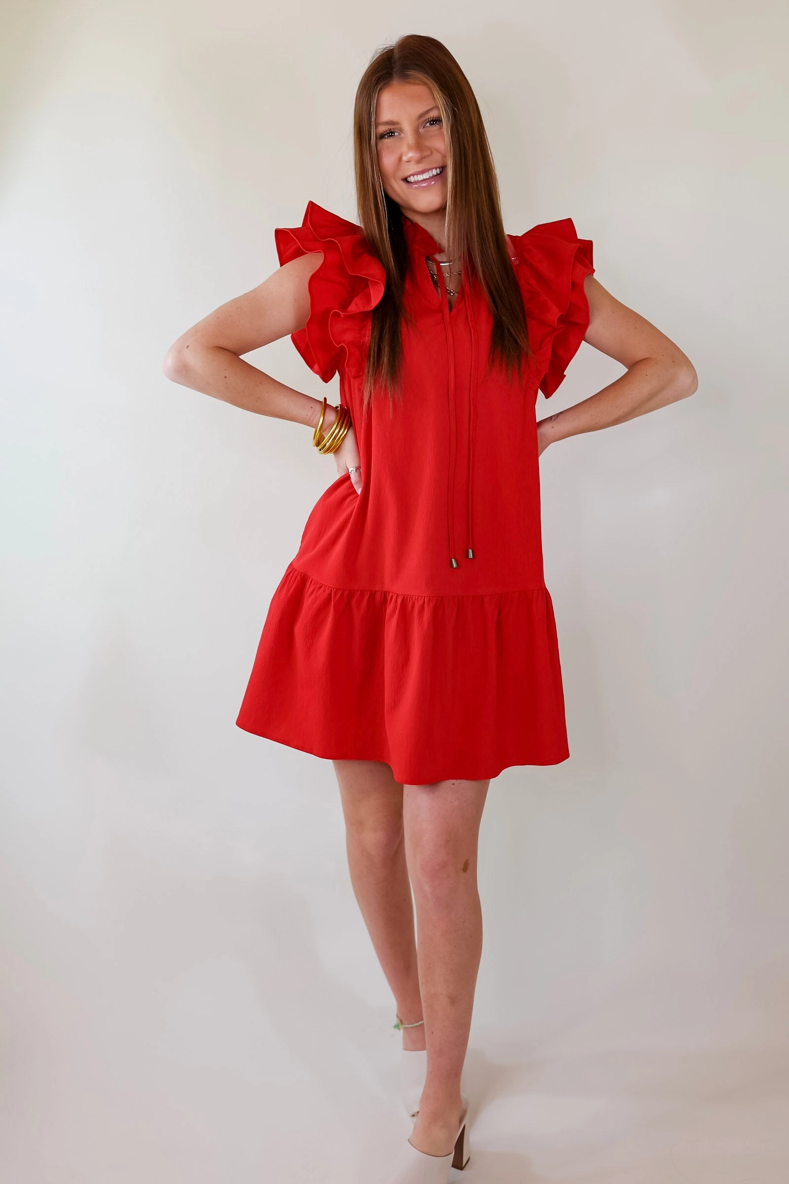 Last Chance | Size 1XL | Powerful Love Ruffle Cap Sleeve Dress with Keyhole and Tie Neckline in Red Quiet Luxury Sun Protection Fabric