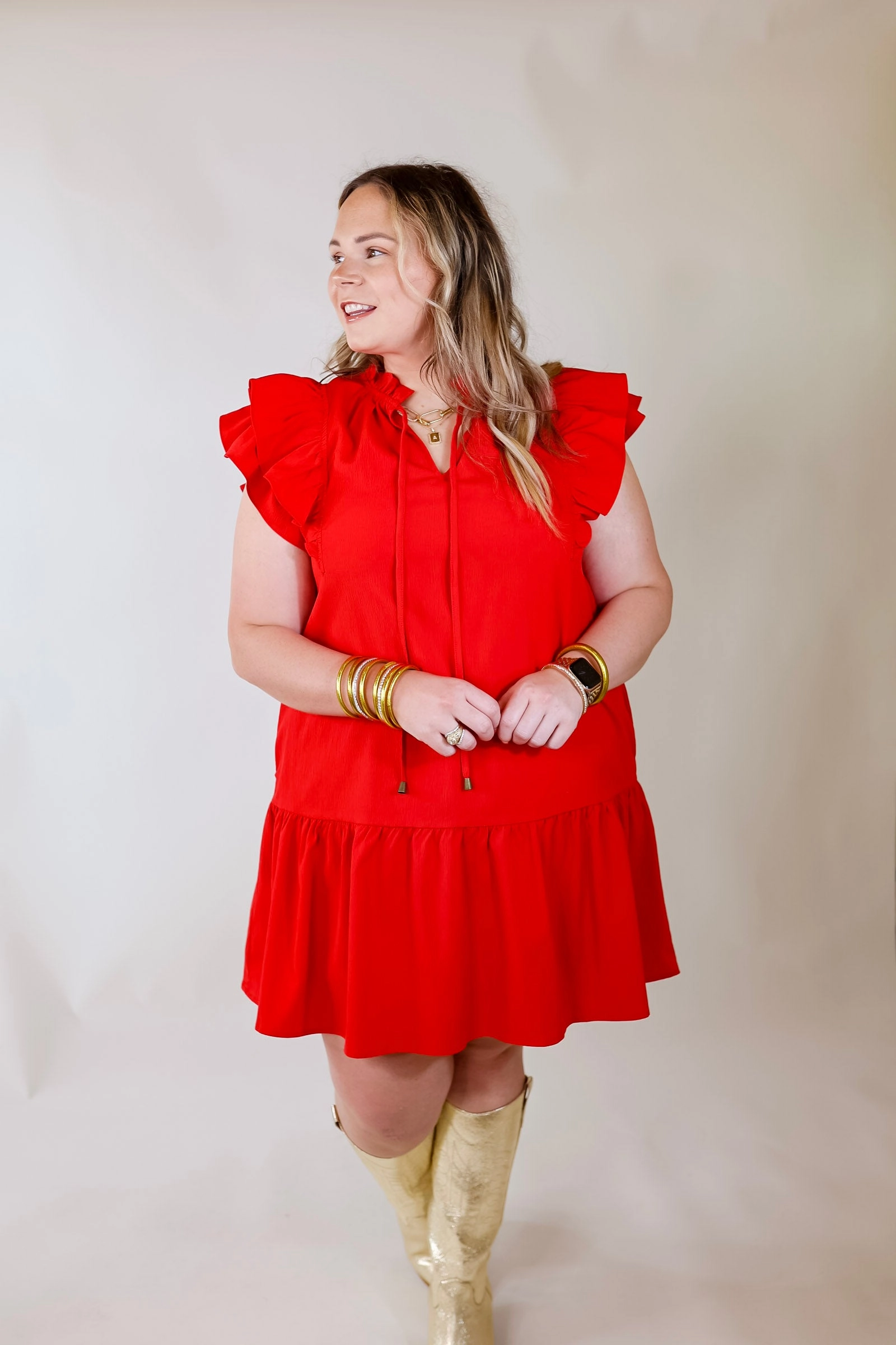 Last Chance | Size 1XL | Powerful Love Ruffle Cap Sleeve Dress with Keyhole and Tie Neckline in Red Accessory Fashion