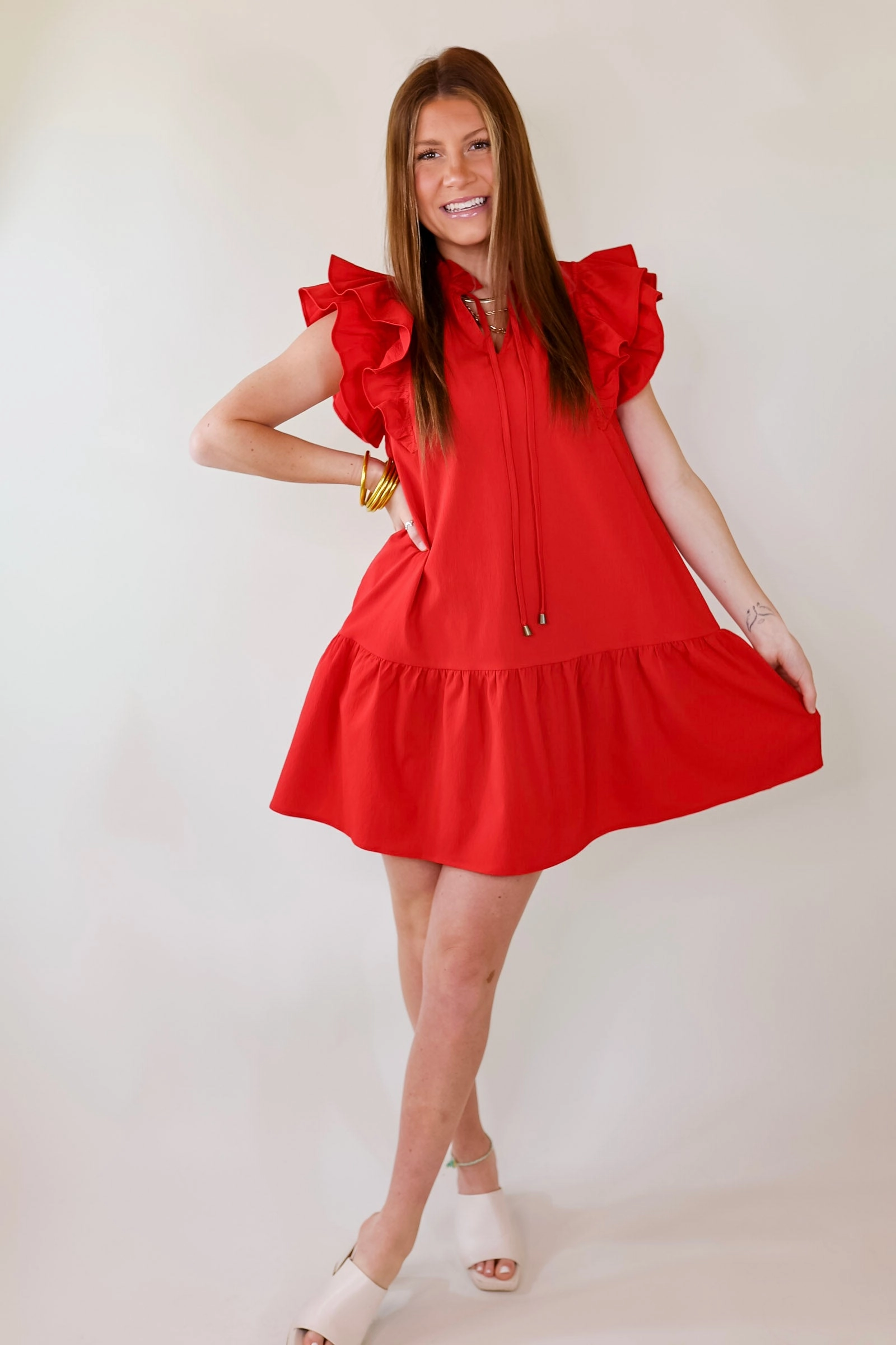 Last Chance | Size 1XL | Powerful Love Ruffle Cap Sleeve Dress with Keyhole and Tie Neckline in Red Flash Look