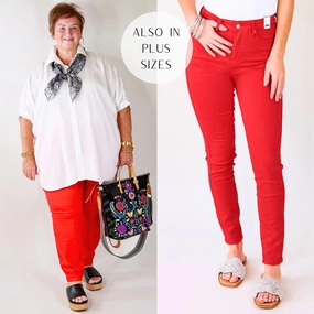 Last Chance Size 0, 13 & 22W | Judy Blue | Vibrant Smiles Control Top Skinny Jeans in Red Commute Ease ZeroWasteProduction