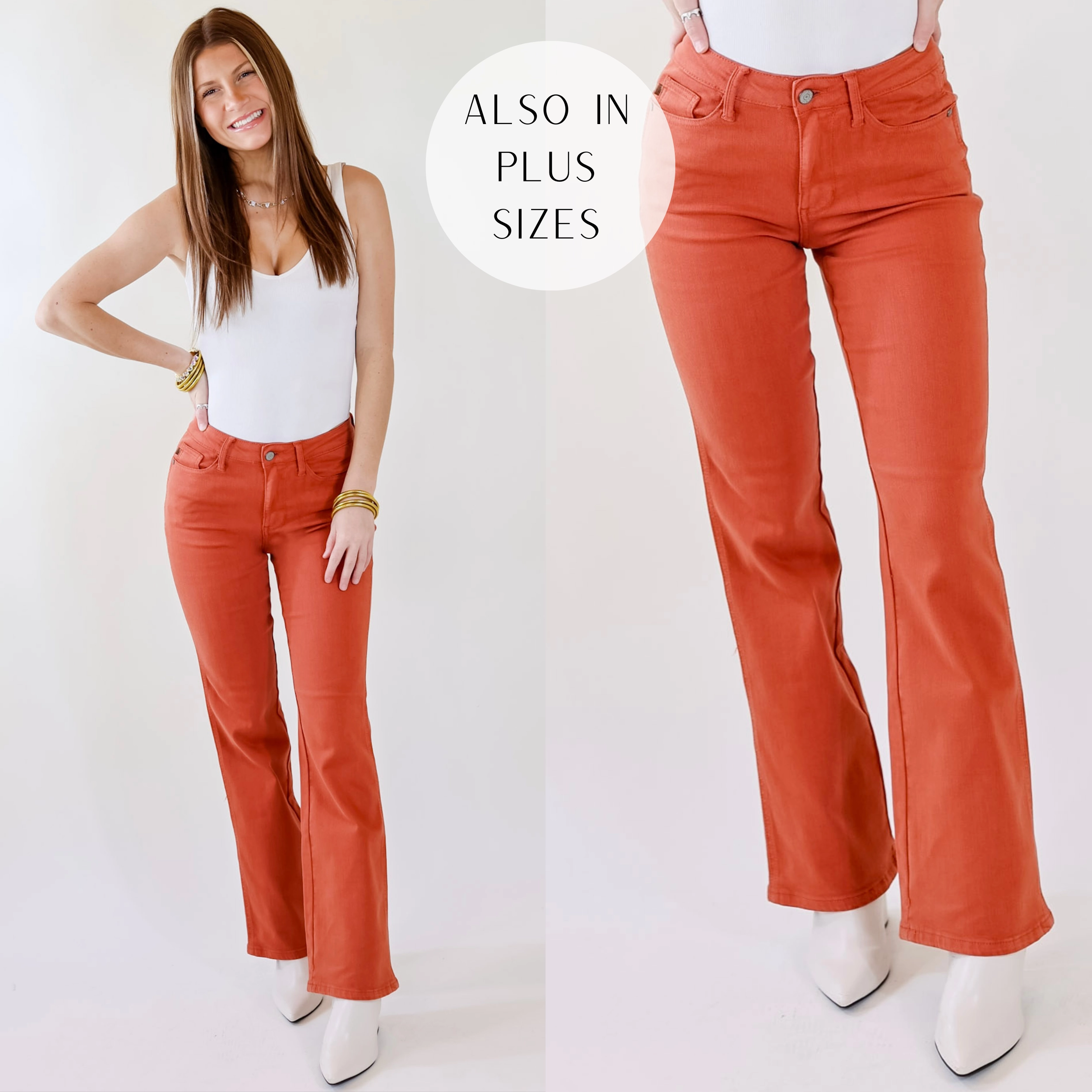 Last Chance Size 0, 15, 14W, 16W, 20W & 24W | Judy Blue | Fall Crush Slim Boot Cut Jeans in Rust Orange FadeResistant Dye