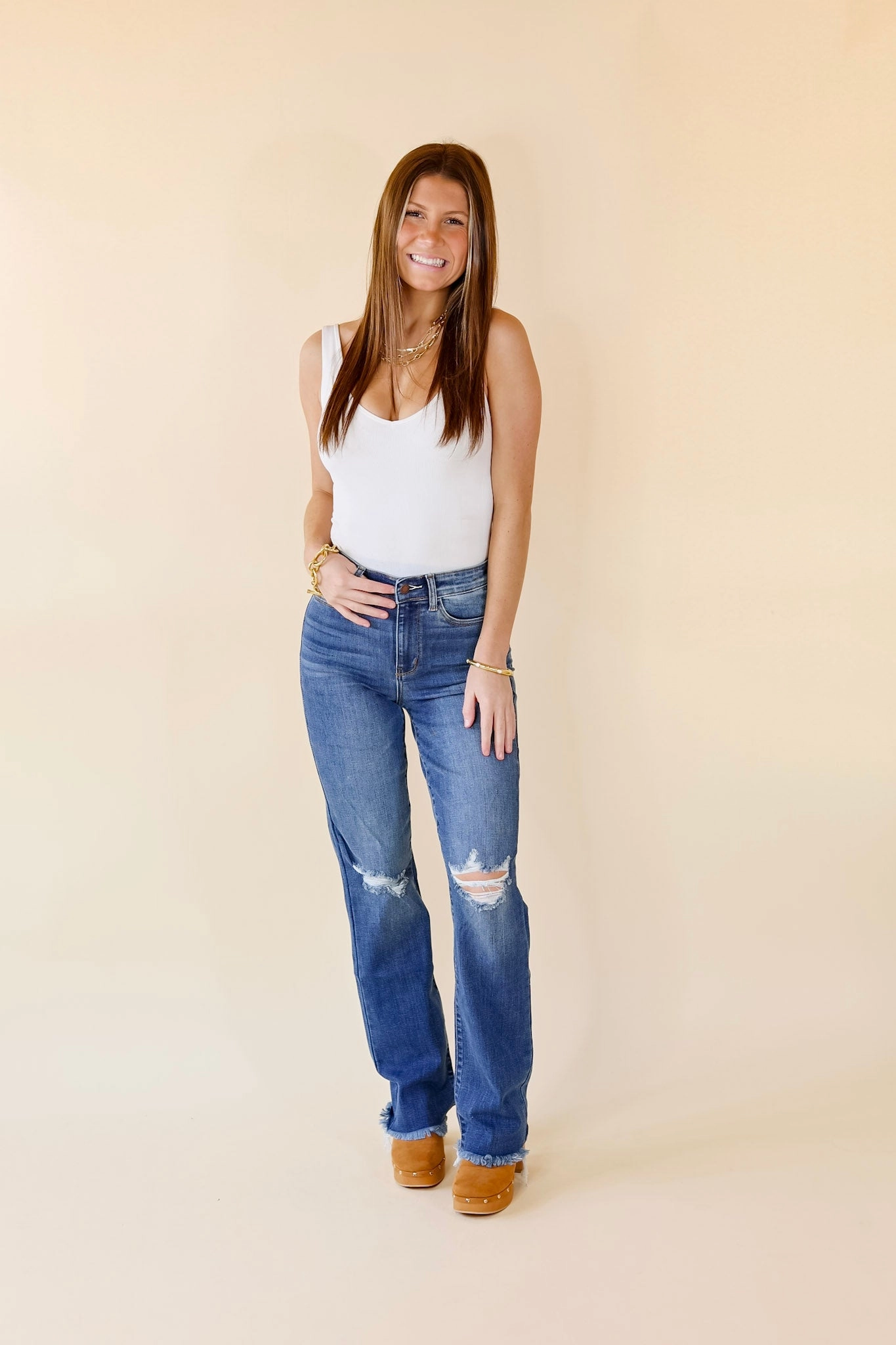 Last Chance Size 0, 1, 15, & 20W-24W | Judy Blue | After Party Hours Destroy Knee Bootcut Jeans in Medium Wash Global Glow