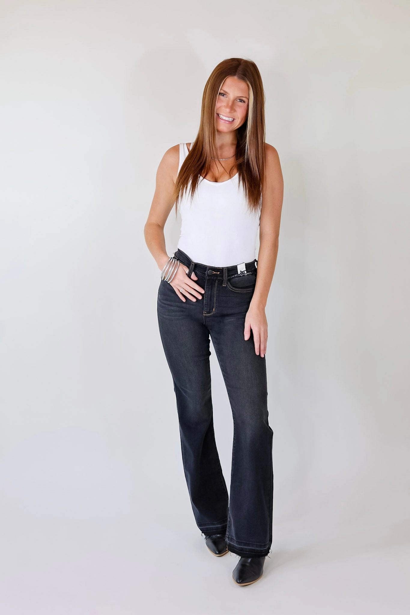 Last Chance Size 0 | Judy Blue | Greatest Opportunity Release Hem Jeans with Frayed Waist in Black Wash Travel Vibe