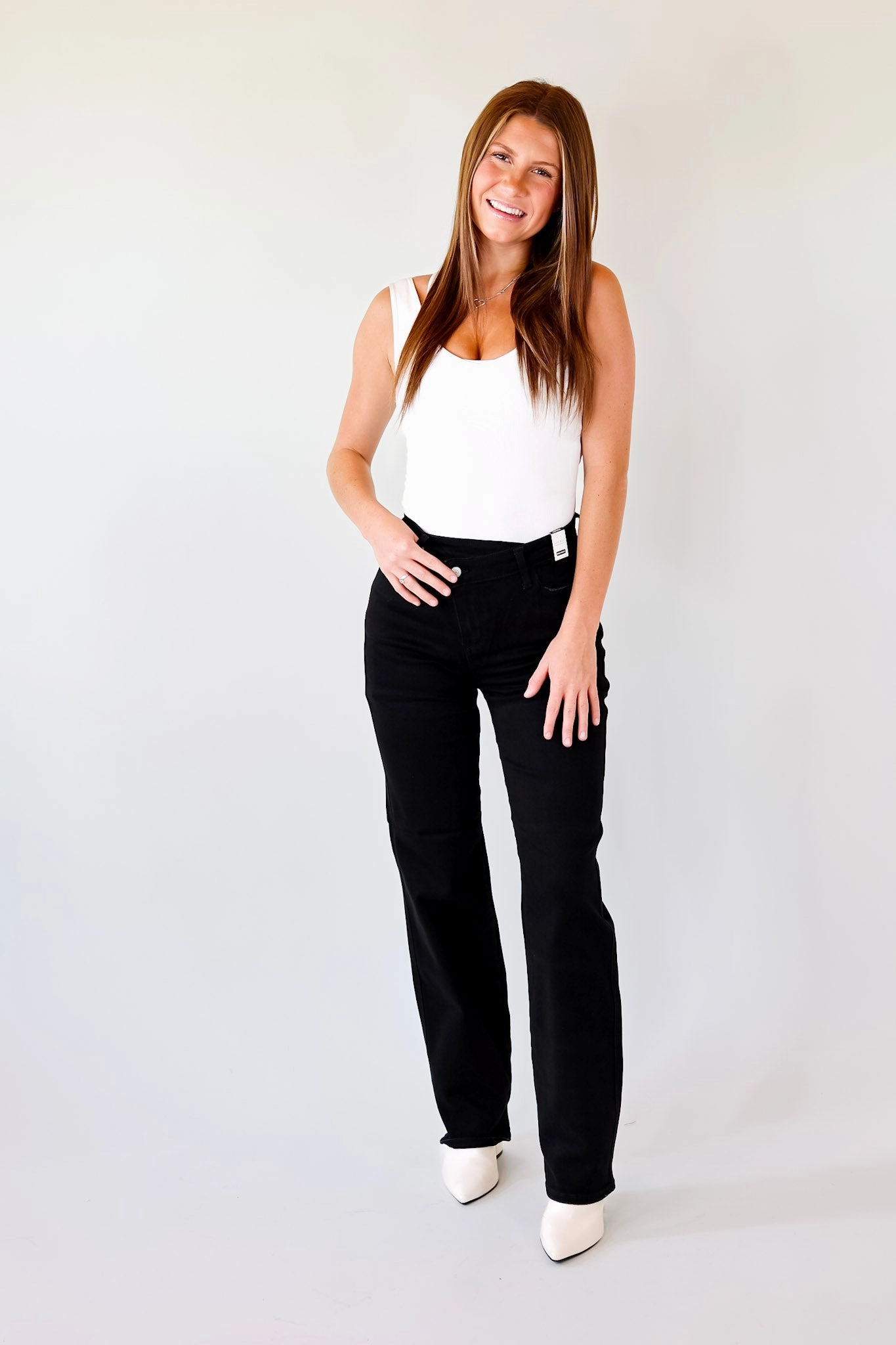 Everyday Comfort Last Chance Size 0 | Judy Blue | Here Forward Criss-Cross Waistband Straight Leg Jeans in Black