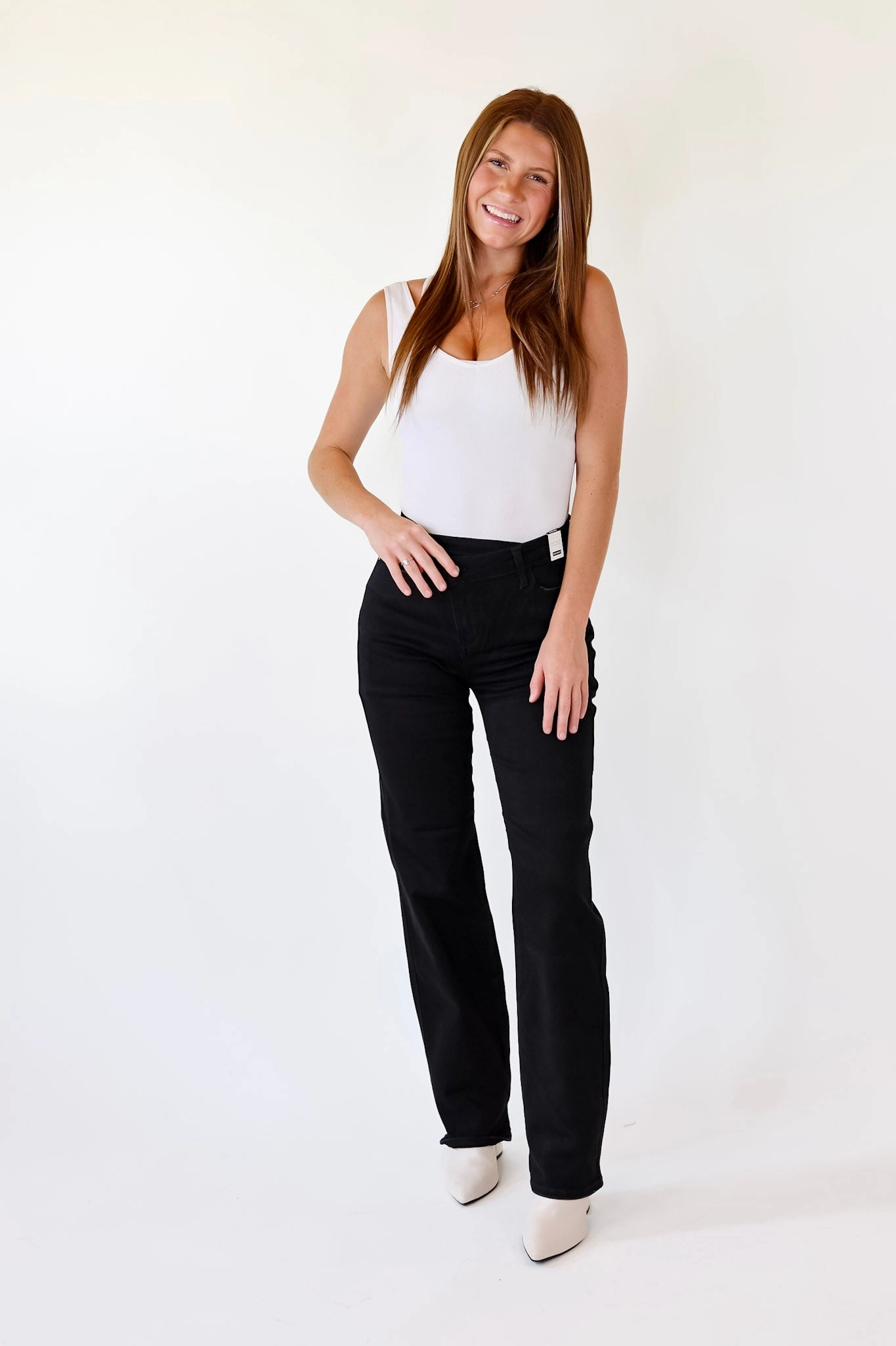 Sporty Design Transitional Fashion Last Chance Size 0 | Judy Blue | Here Forward Criss-Cross Waistband Straight Leg Jeans in Black
