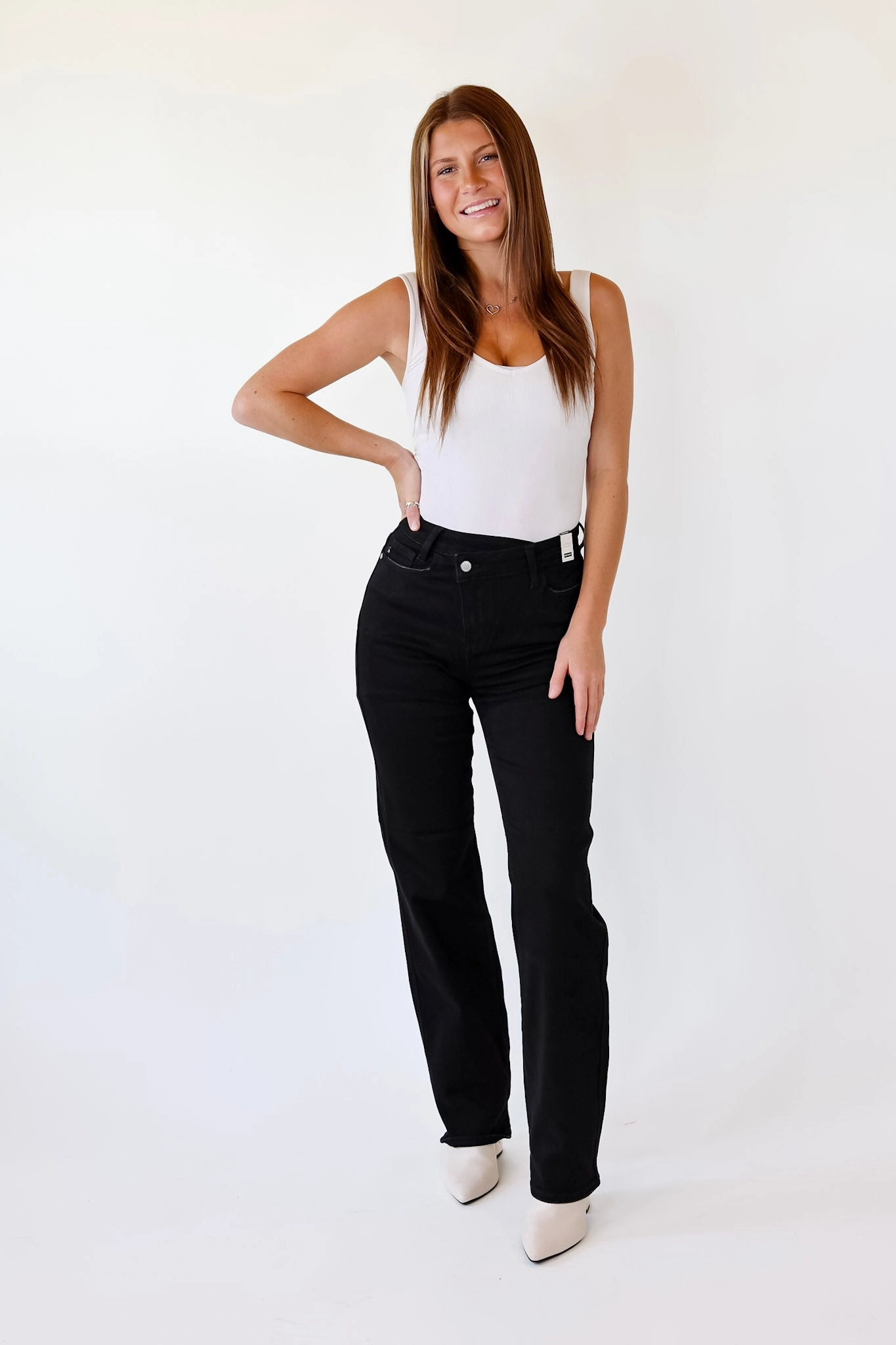 Last Chance Size 0 | Judy Blue | Here Forward Criss-Cross Waistband Straight Leg Jeans in Black Jewel tone
