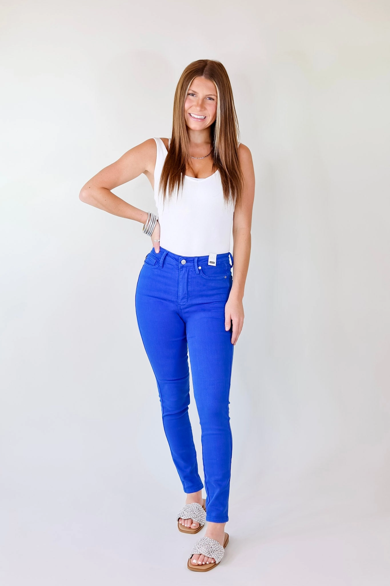 Slim Fit Jeans Last Chance Size 0 | Judy Blue | Vibrant Smiles Control Top Skinny Jeans in Cobalt Blue