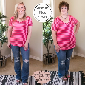 ThermalInsulated Timeless Wear Last Chance Size 1XL, 2XL, 3XL | Simply The Best Striped V Neck Short Sleeve Tee Shirt in Coral Pink