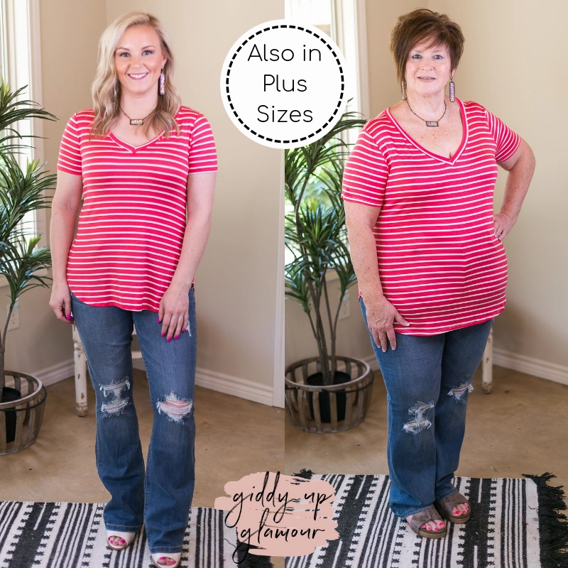 ThermalInsulated Timeless Wear Last Chance Size 1XL, 2XL, 3XL | Simply The Best Striped V Neck Short Sleeve Tee Shirt in Coral Pink