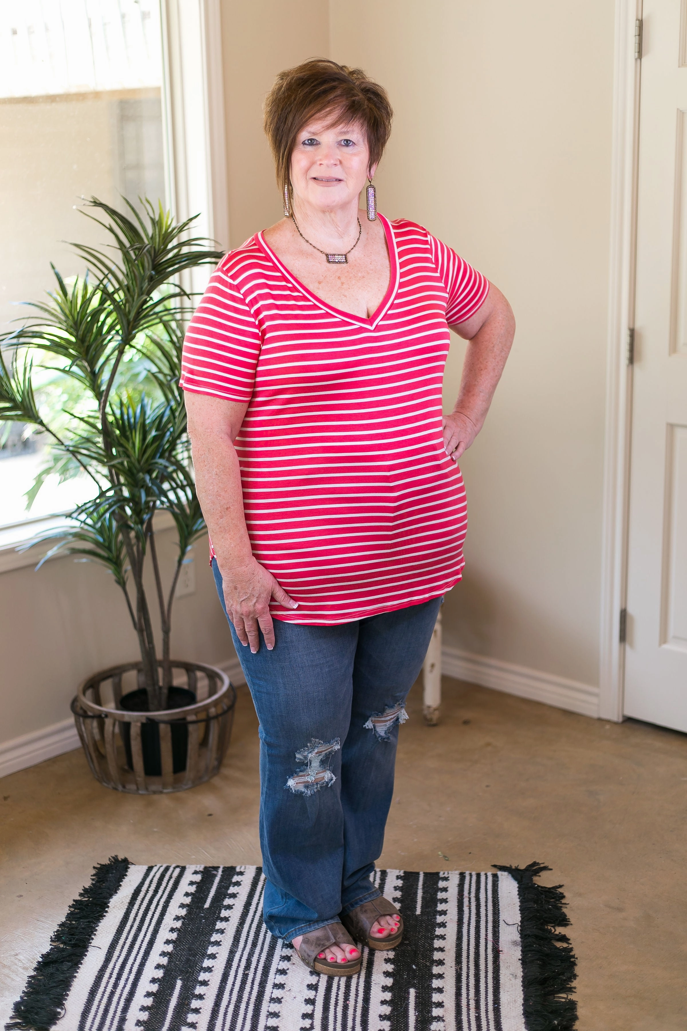 Last Chance Size 1XL, 2XL, 3XL | Simply The Best Striped V Neck Short Sleeve Tee Shirt in Coral Pink EcoFriendly Textiles