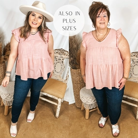 Last Chance Size 1XL, 2XL, 3XL | Stay Wonderful Solid Tiered Top with Ruffle Cap Sleeves in Dusty Pink Shoot Mood Active clothing