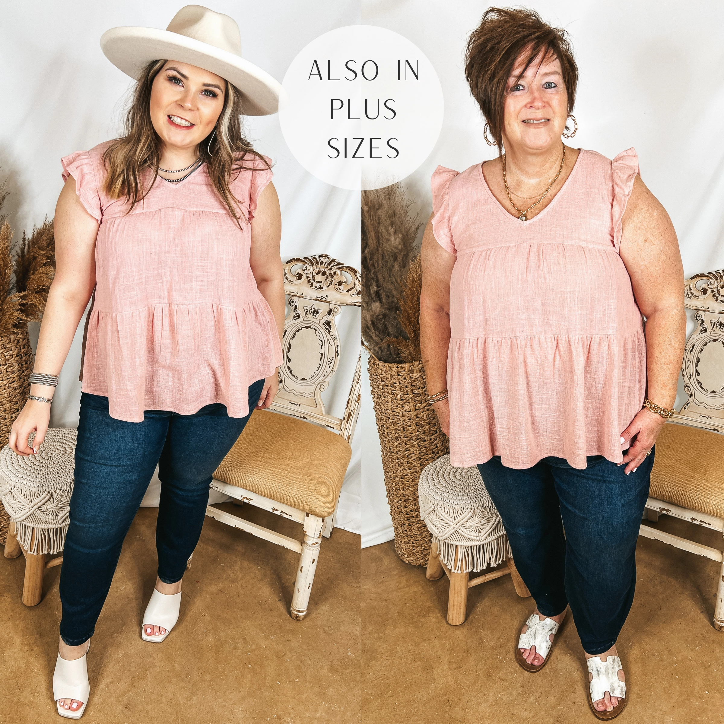 Last Chance Size 1XL, 2XL, 3XL | Stay Wonderful Solid Tiered Top with Ruffle Cap Sleeves in Dusty Pink Shoot Mood Active clothing
