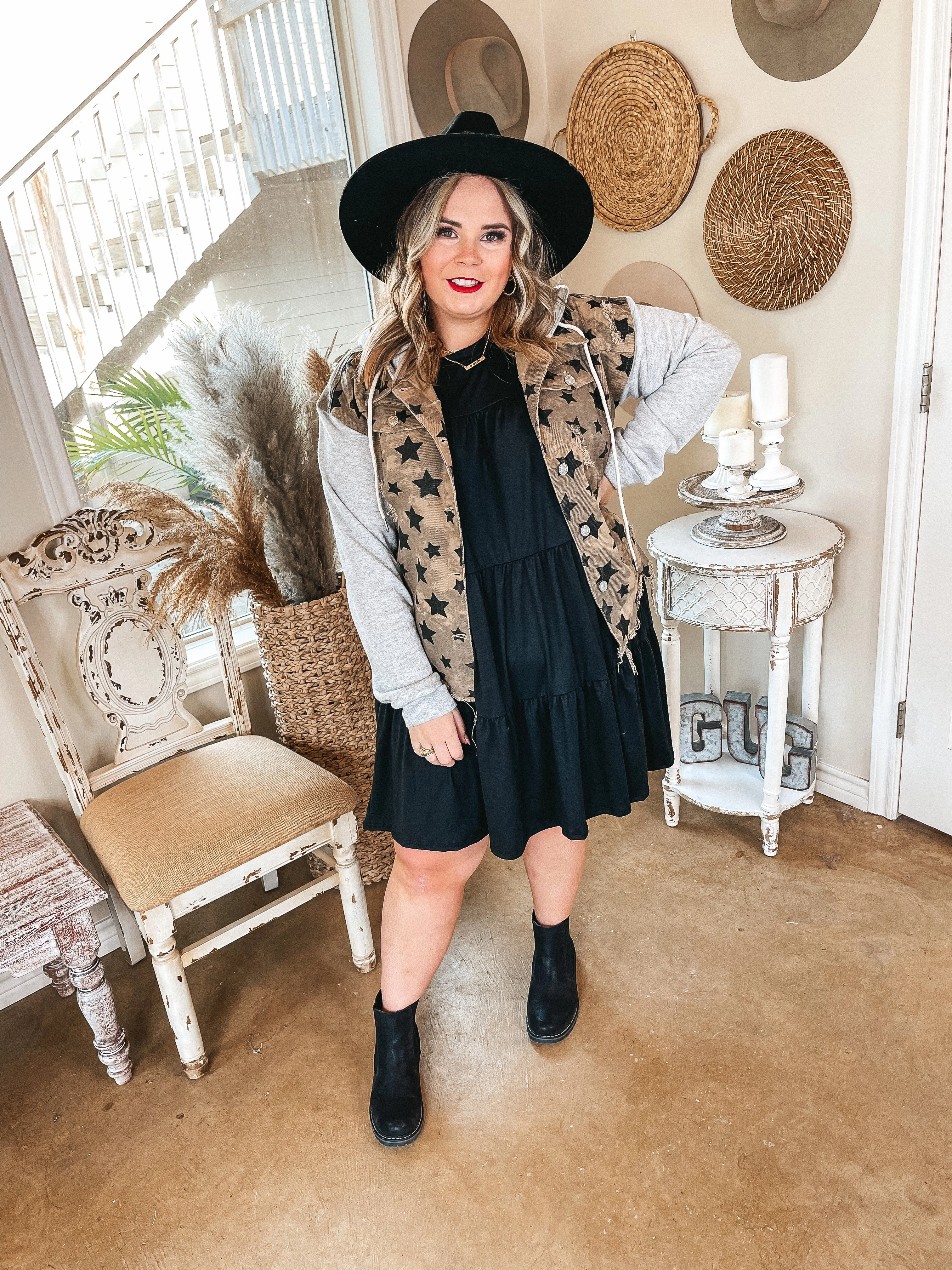 Last Chance Size 1XL/2XL | Forever Fated Star Print Button Jacket with Grey Sleeves and Hoodie in Brown FlexibleJointConstruction Colorfast Technology