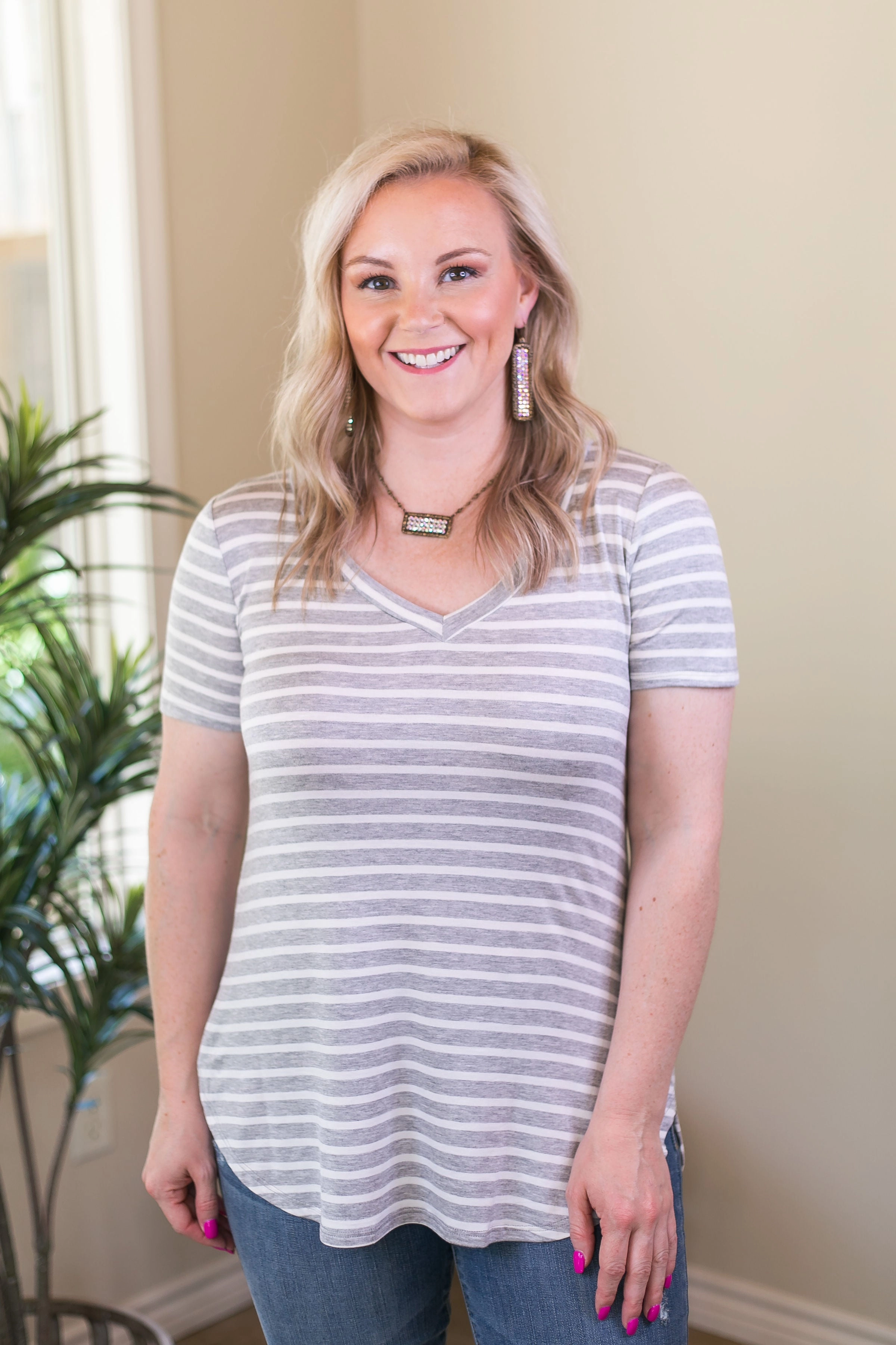 Cozy Vibe Lightweight Fabric Last Chance Size 1XL, 2XL & 3XL | Simply The Best Striped V Neck Short Sleeve Tee Shirt in Heather Grey