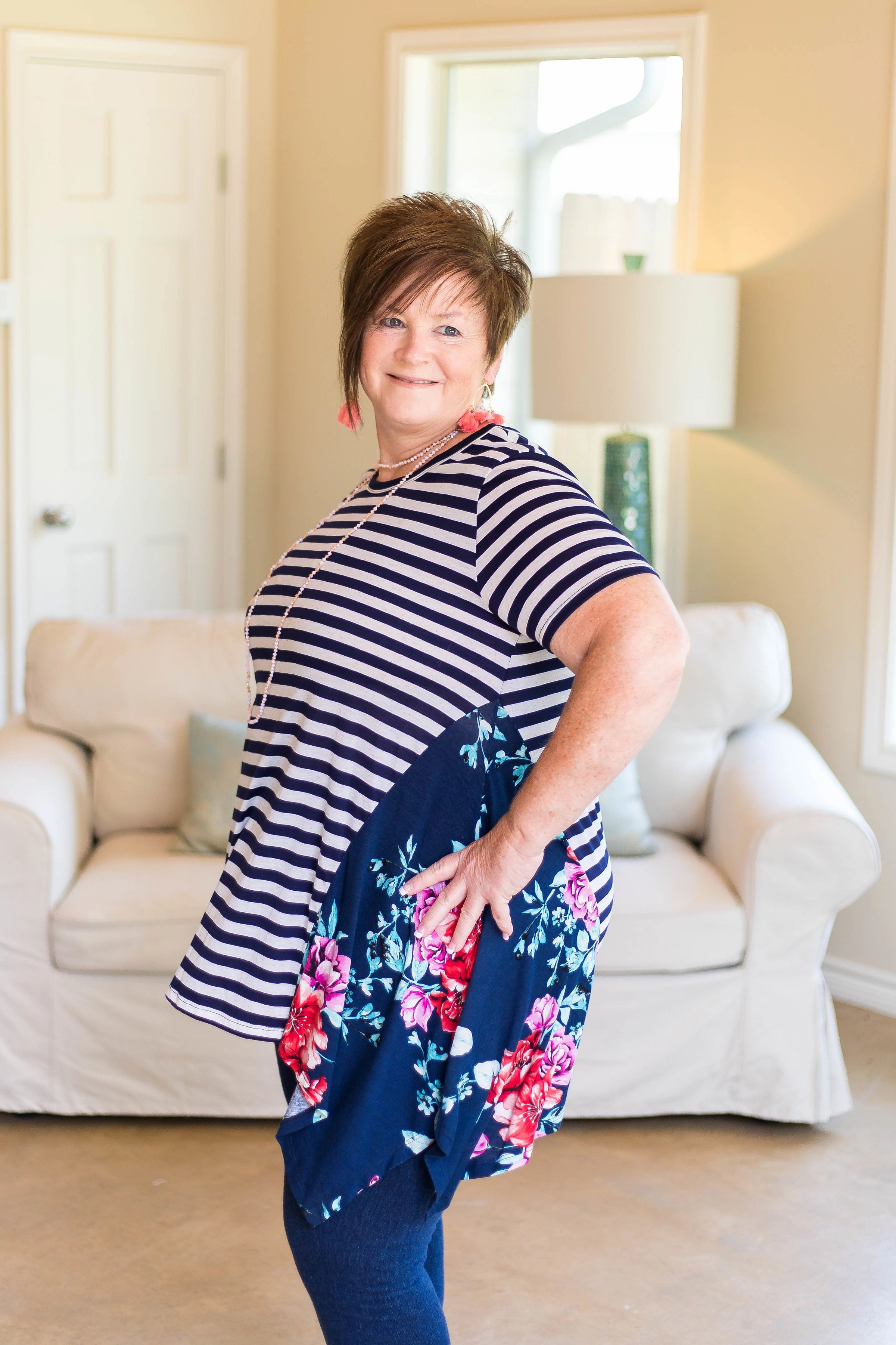 Last Chance Size 1XL | Right This Time Striped Trapeze Top with Floral Sides in Navy Blue 4Way Stretch