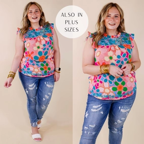 Last Chance Size 1XL | Timeless Treasure Floral Print Top with Ruffle Cap Sleeves and Turquoise Embroidery in Coral Pink Movement Friendly