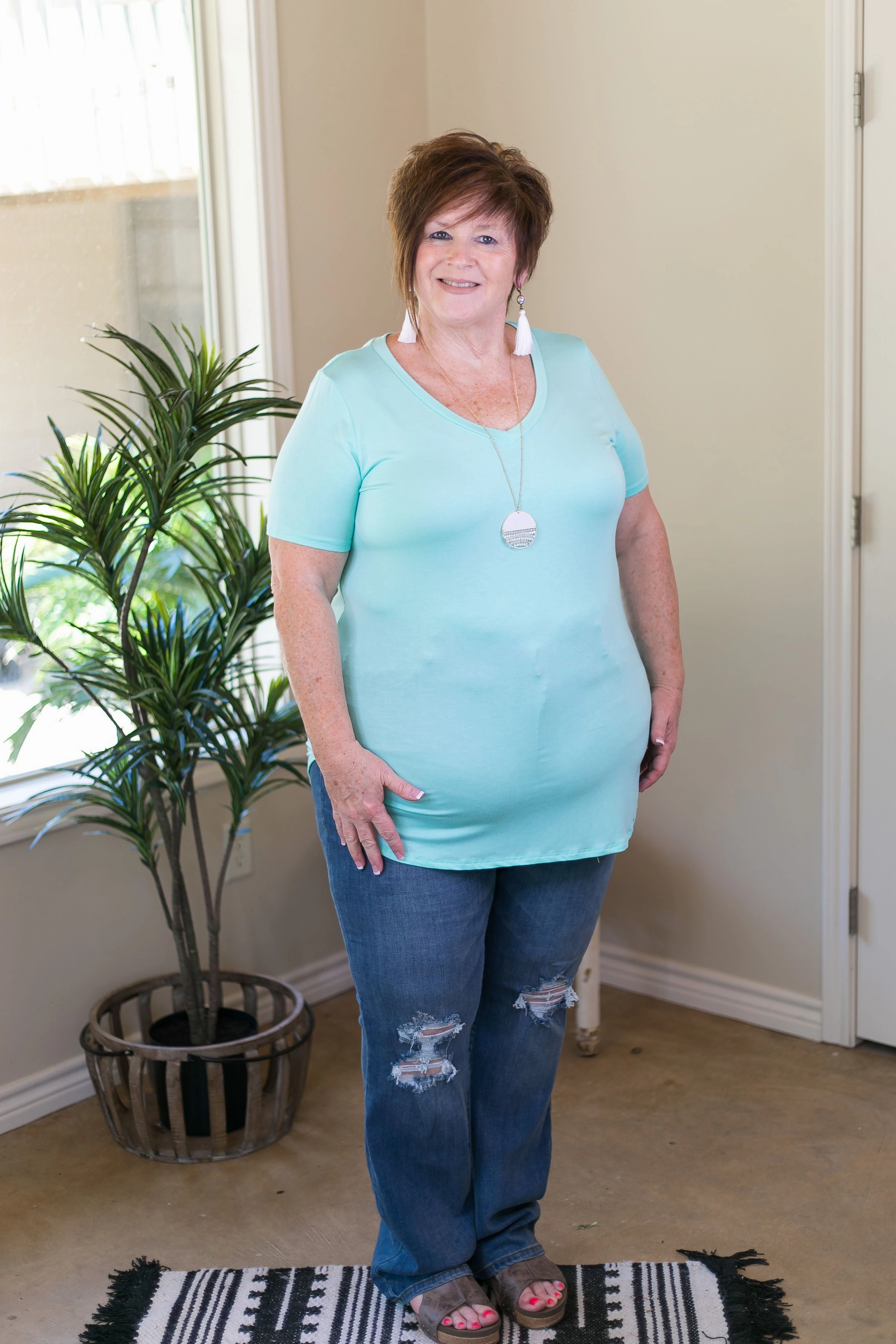 Street Fest Elegant Top Last Chance Size 2XL, & 3XL | Simply The Best V Neck Short Sleeve Tee Shirt in Mint Blue