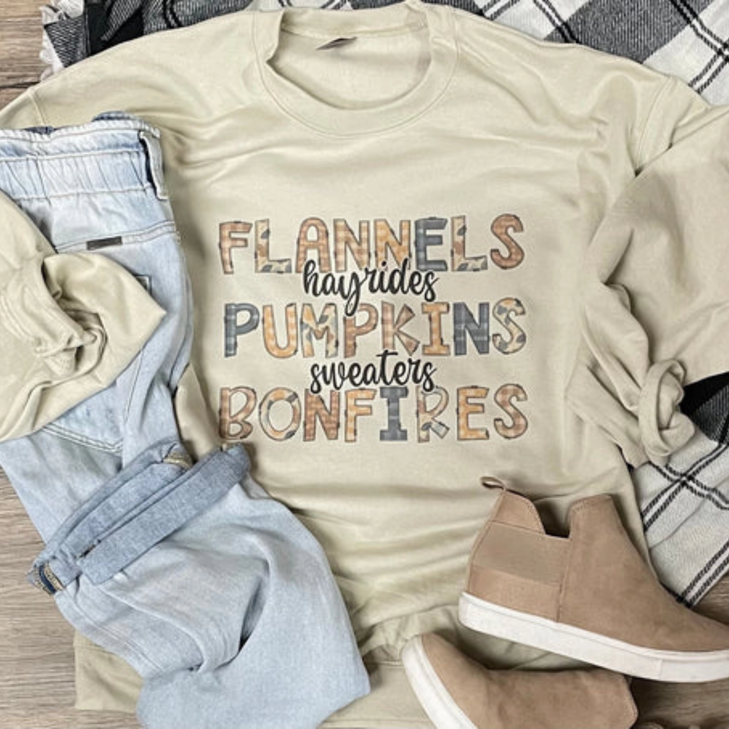 Last Chance Size 2XL | Flannels, Hayrides, Pumpkins Long Sleeve Graphic Sweatshirt in Cream Street Icon