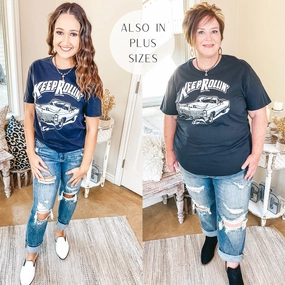 Last Chance Size 2XL | Keep Rolling With It Classic Car Graphic Tee in Black Soft Sweater Spirit Glow