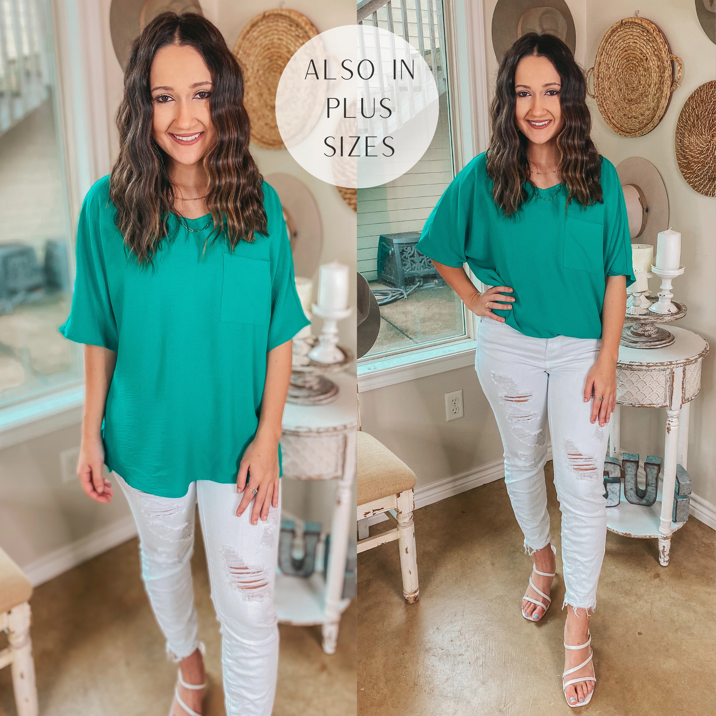 Last Chance Size 2XL | On Record V Neck Short Sleeve Shift Top with Front Pocket in Jade Green Ship Glow