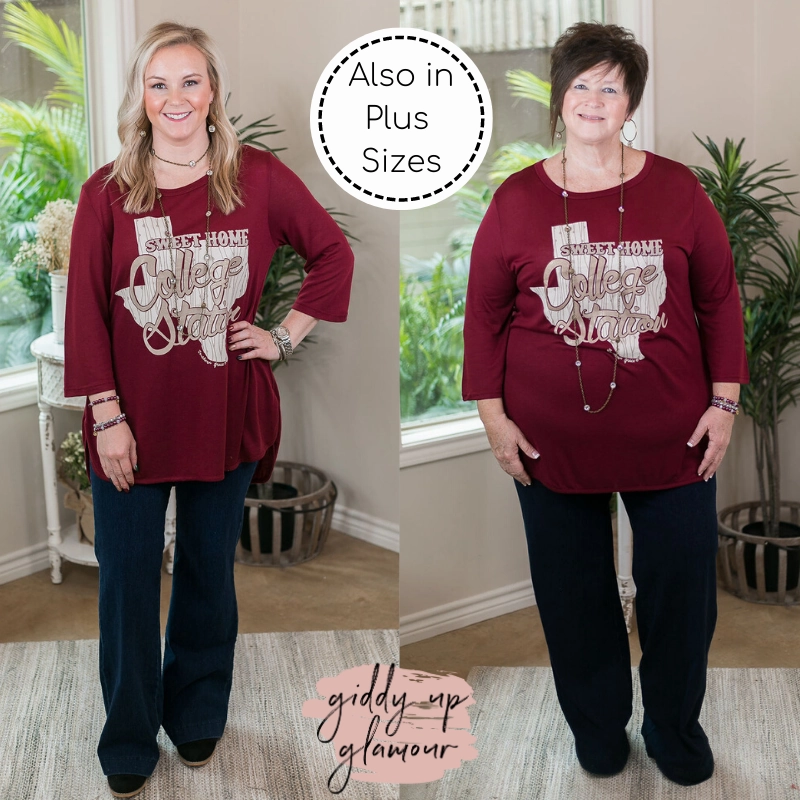 Last Chance Size 2XL | Sweet Home College Station Loose Fit 3/4 Sleeve Top in Maroon Fit For All Day Sleep