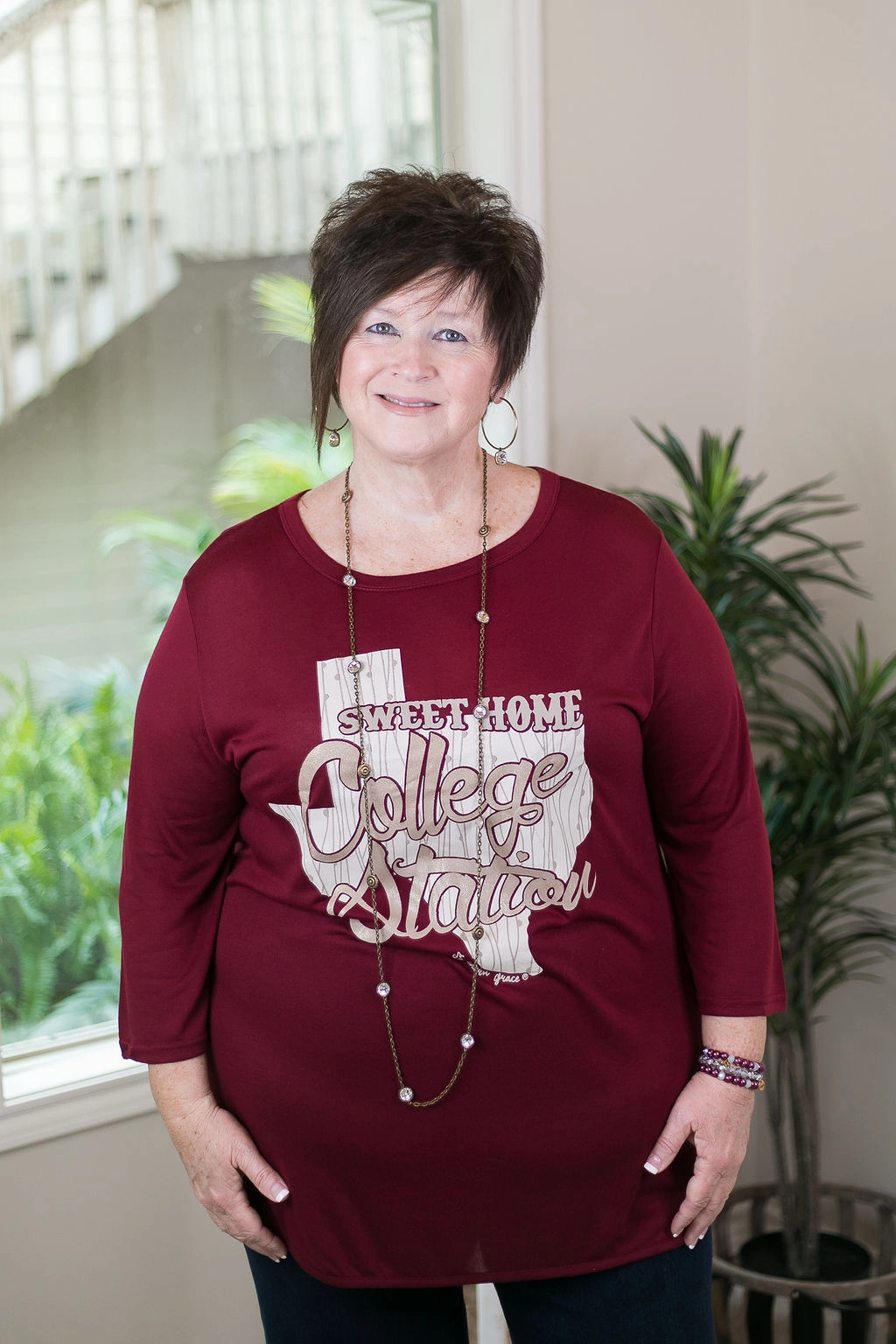 Last Chance Size 2XL | Sweet Home College Station Loose Fit 3/4 Sleeve Top in Maroon Fashionable Layer