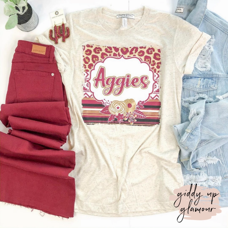 Last Chance Size 3XL | Aggie Game Day | Cheetah & Serape with Aggies in Cursive Short Sleeve Tee Shirt in Oatmeal Ivory AntiPillTreatment Lightweight Weave