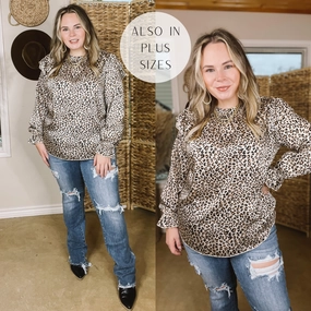 Activewear Clothing Last Chance Size 3XL | Can't Stop Me Ruffle Mock Neck Long Sleeve Leopard Print Satin Top in Natural