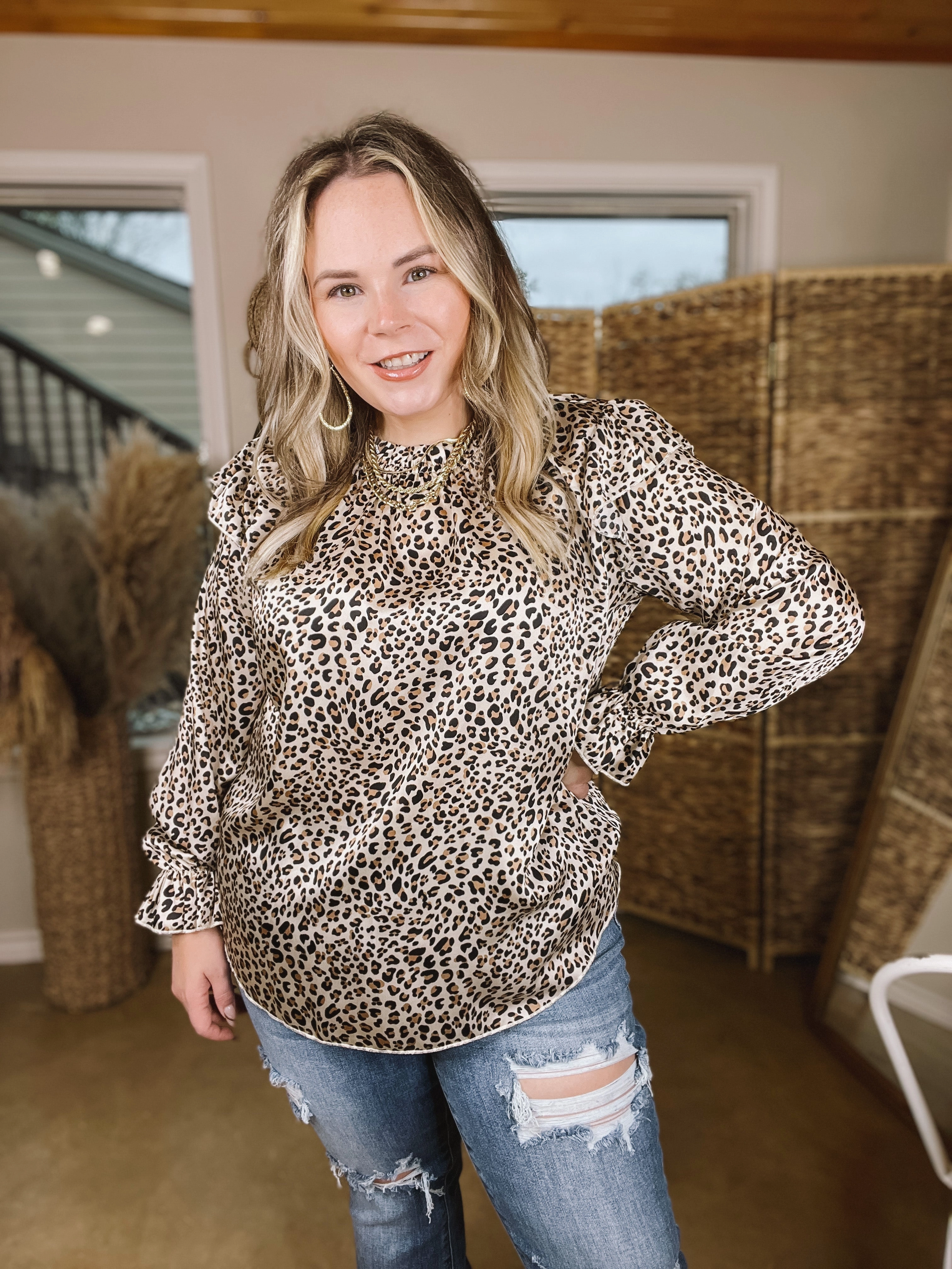 FadeResistantColors HighVisibility Last Chance Size 3XL | Can't Stop Me Ruffle Mock Neck Long Sleeve Leopard Print Satin Top in Natural