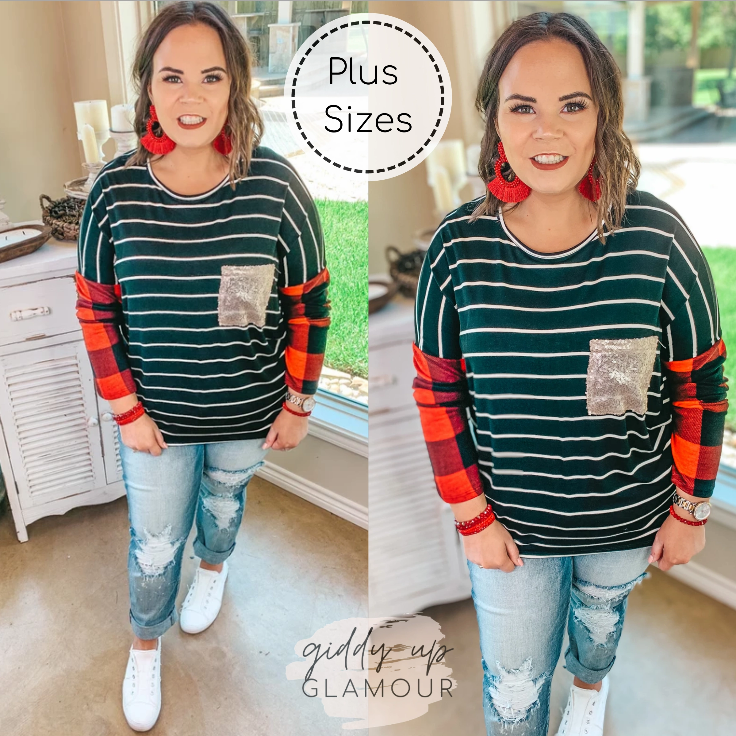 Last Chance Size 3XL | Just Getting Started Buffalo Plaid and Striped Pocket Top in Red and Black AntiPilling Surface SoftenedEdges