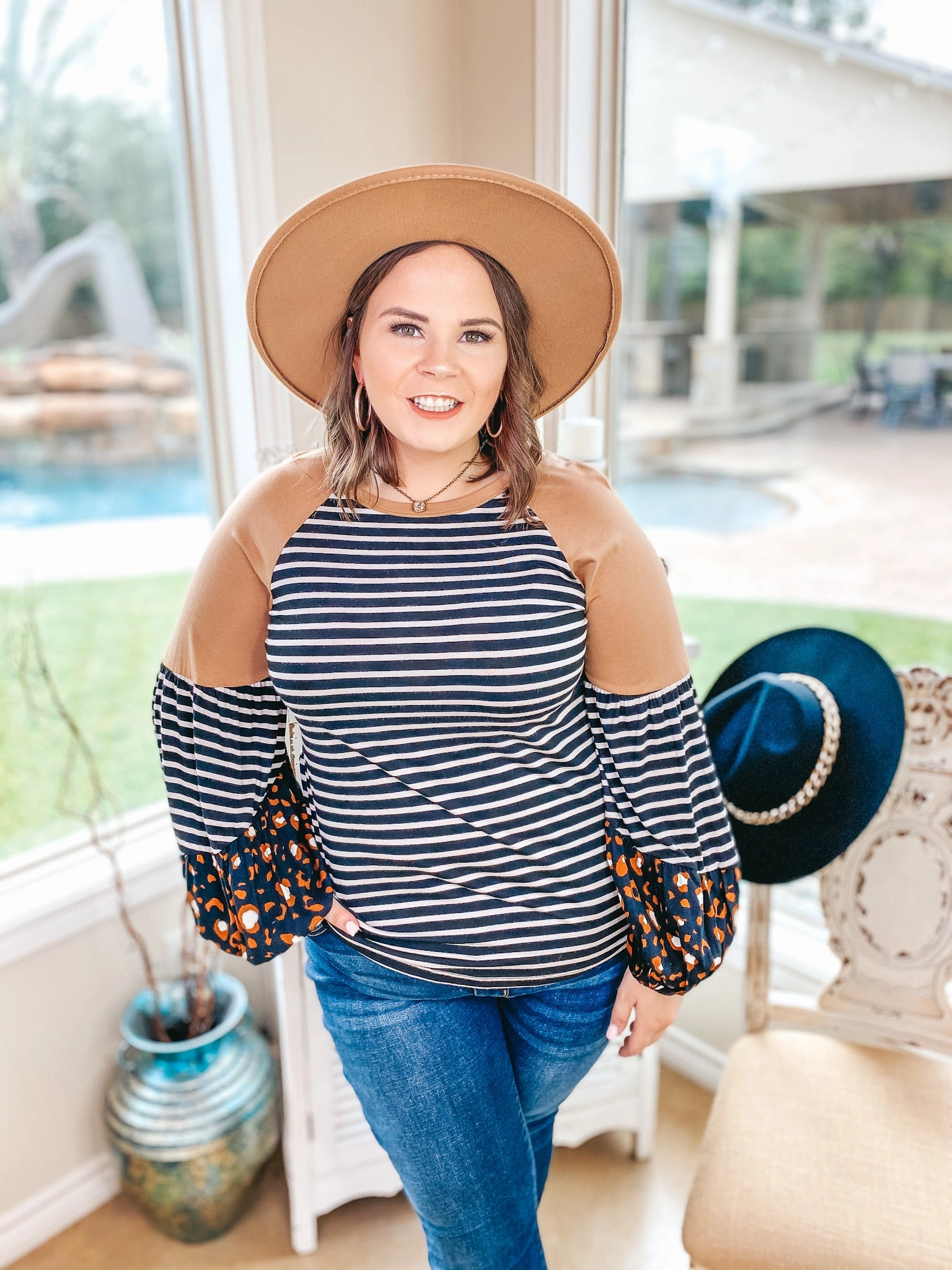 Last Chance Size 3XL | No Looking Back Striped Top with Multi Print Puff Sleeves in Black and Tan MultiPurposePockets MoistureWicking Technology